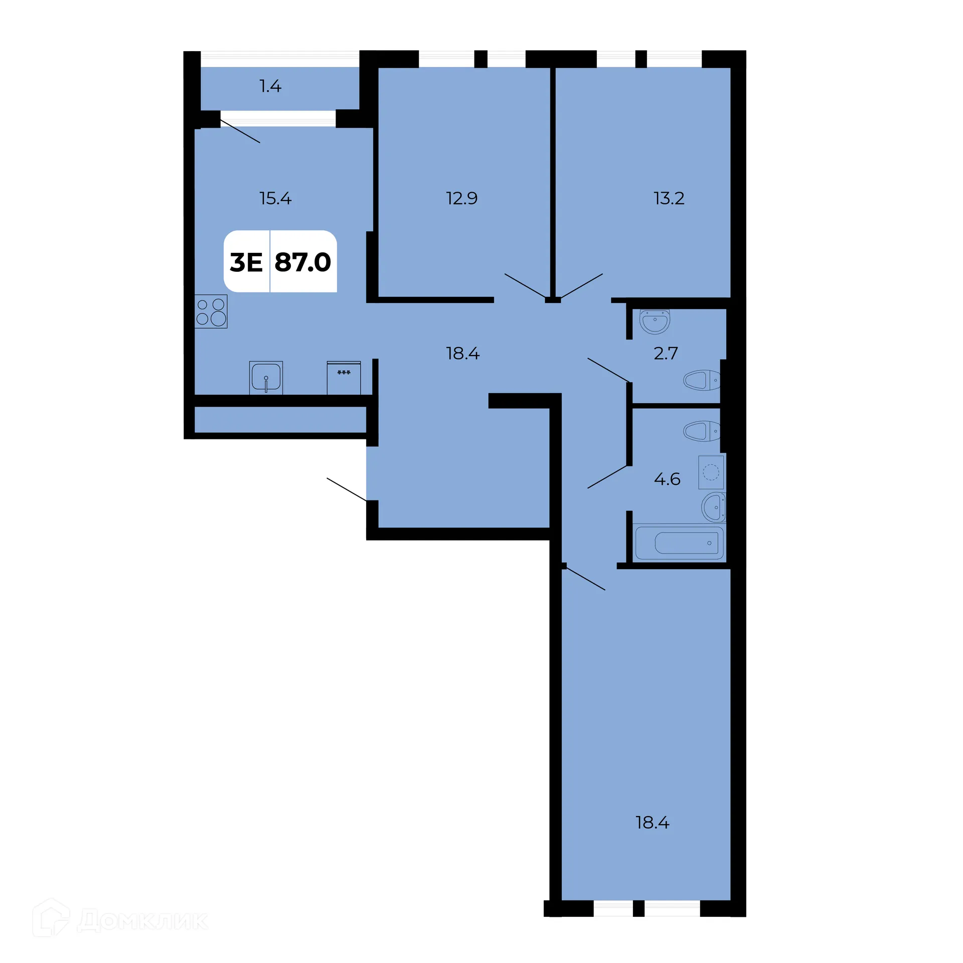 Планировка 3-комнатной квартиры 87 м² в ЖК НОРД, г. Ростов-на-Дону — фото 1