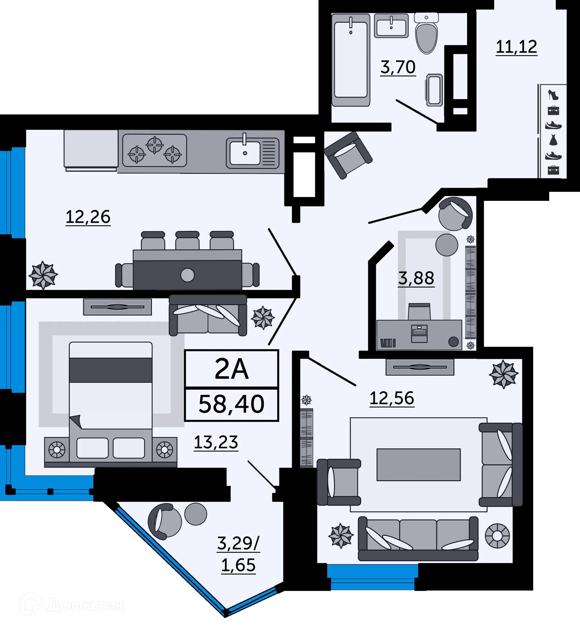 Планировка 2-комнатной квартиры 58.4 м² в ЖК Royal Towers (Роял Тауэрс), г. Ростов-на-Дону — фото 3
