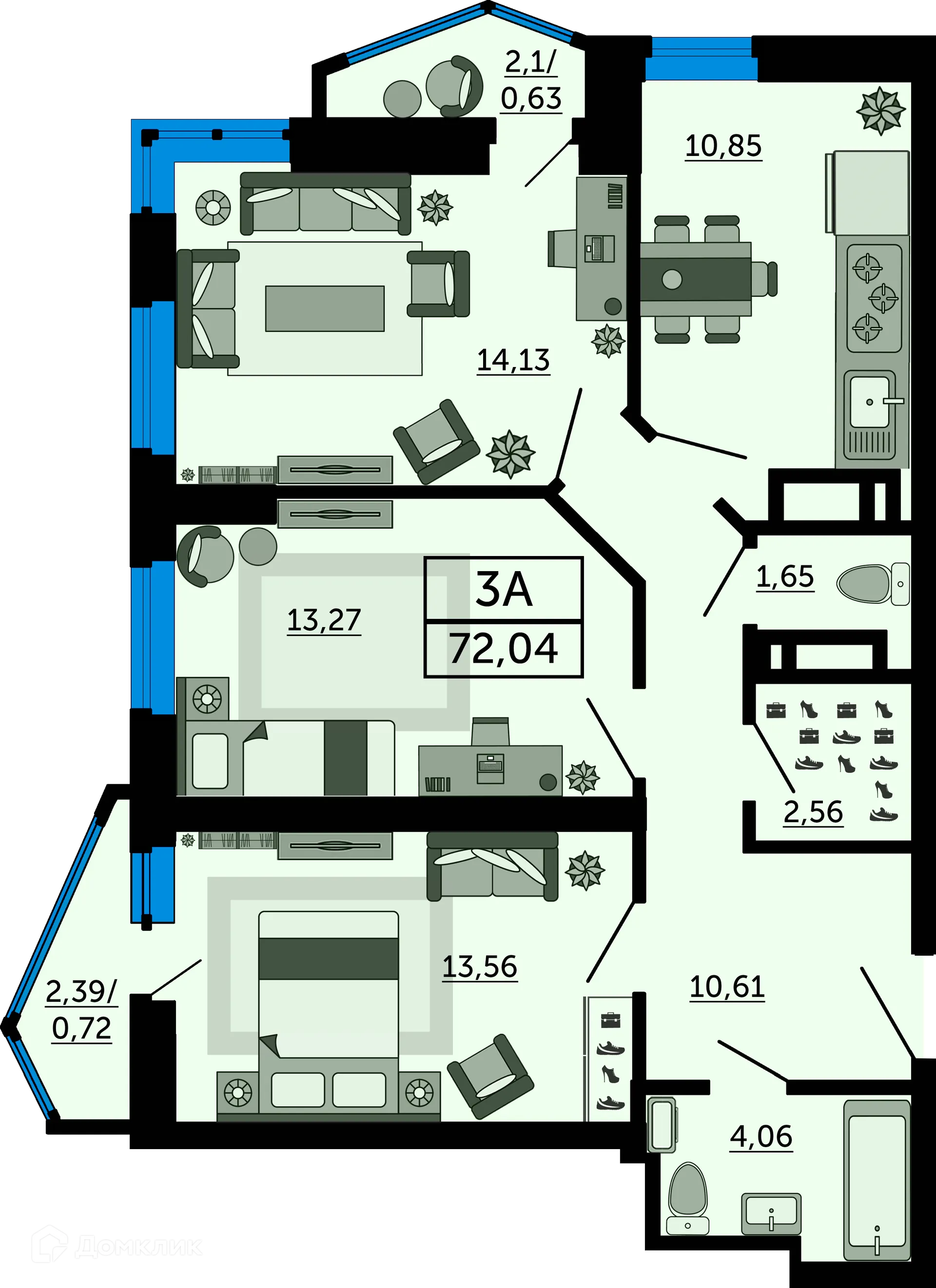 Планировка 3-комнатной квартиры 72.04 м² в ЖК Royal Towers (Роял Тауэрс), г. Ростов-на-Дону — фото 3