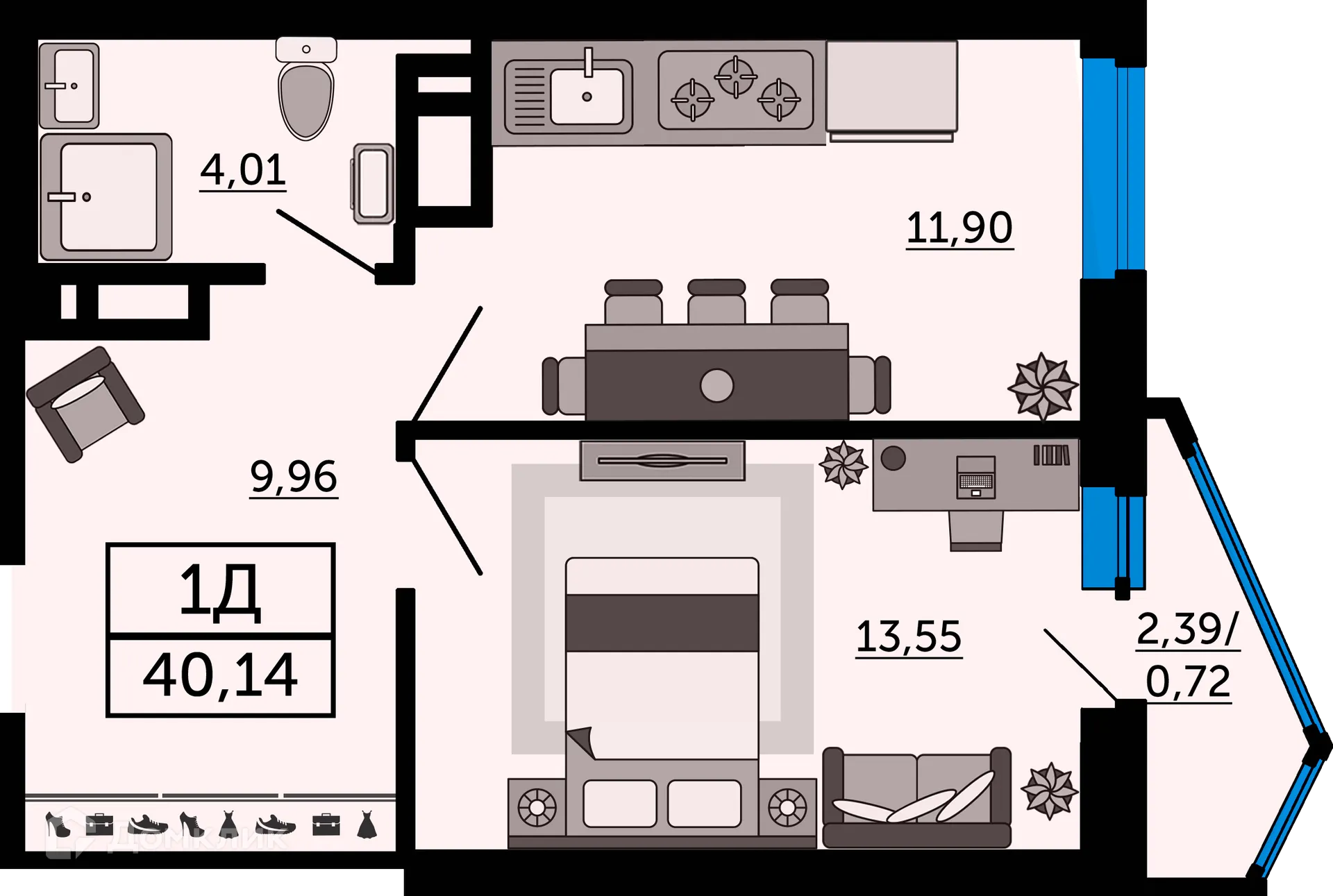 Планировка 1-комнатной квартиры 40.14 м² в ЖК Royal Towers (Роял Тауэрс), г. Ростов-на-Дону — фото 1