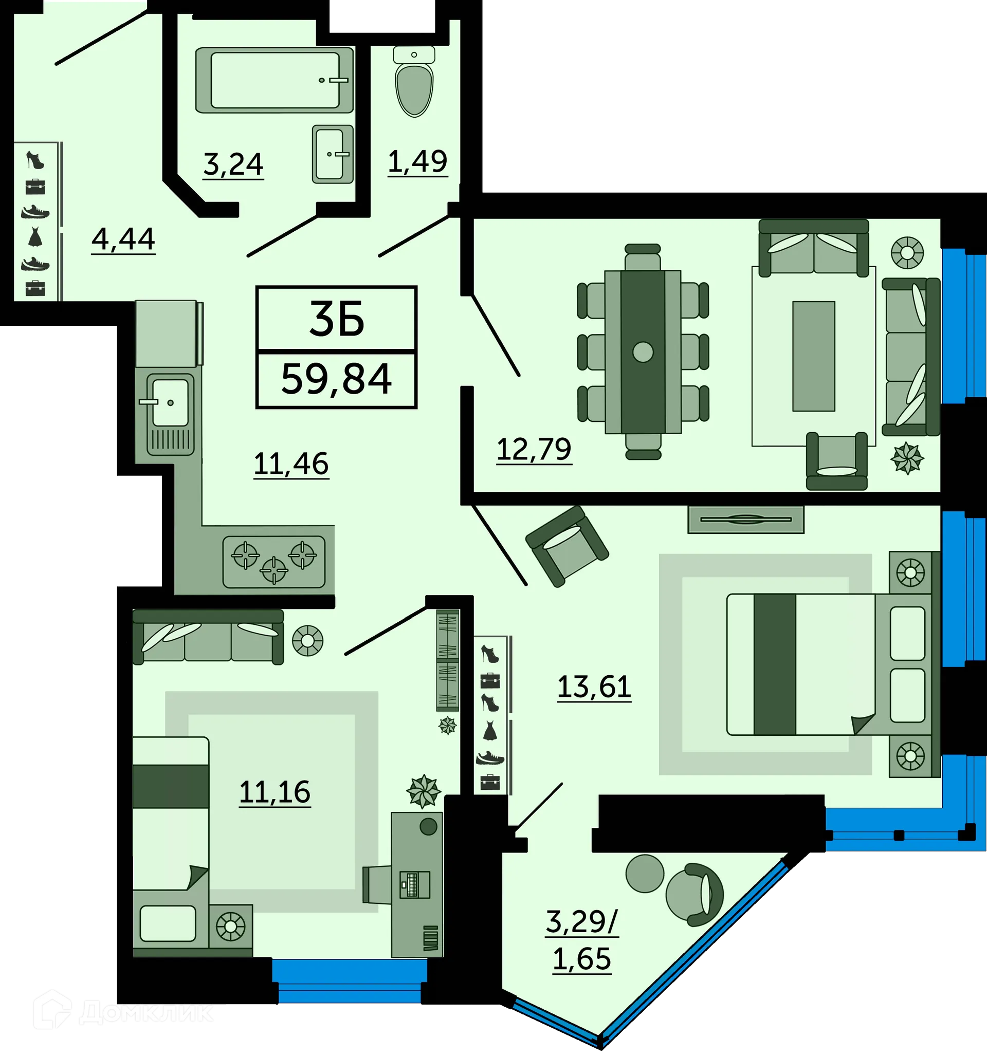 Планировка 3-комнатной квартиры 59.84 м² в ЖК Royal Towers (Роял Тауэрс), г. Ростов-на-Дону — фото 3