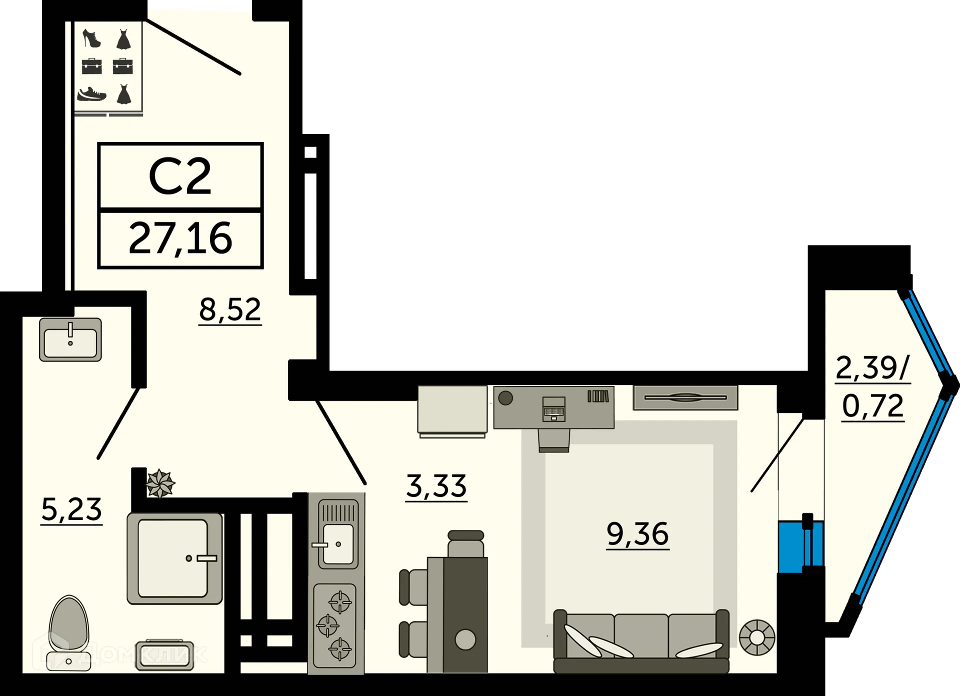 Планировка студии квартиры 27.16 м² в ЖК Royal Towers (Роял Тауэрс), г. Ростов-на-Дону — фото 1