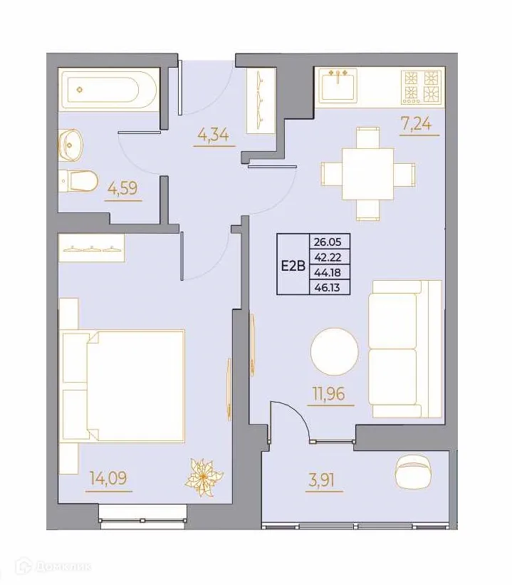Планировка 2-комнатной квартиры 46.13 м² в ЖК Новый Горизонт, г. Ростов-на-Дону — фото 1