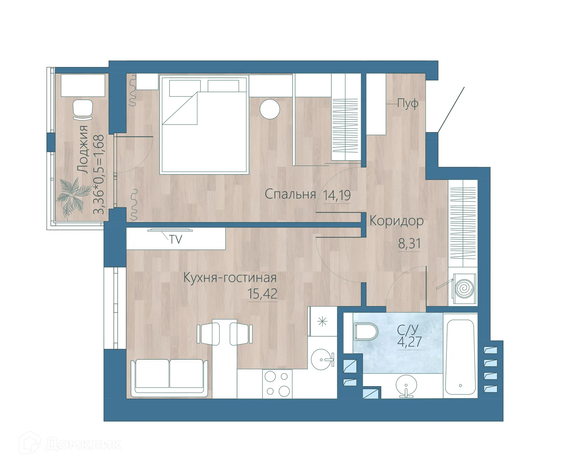 Планировка 2-комнатной квартиры 44 м² в ЖК Наследие, г. Ростов-на-Дону — фото 2