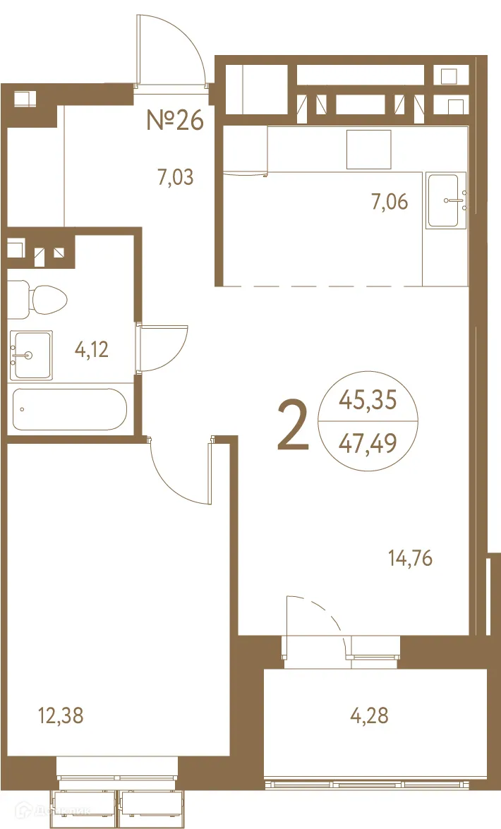 Планировка 2-комнатной квартиры 48.2 м² в ЖК Белая вилла, г. Ростов-на-Дону — фото 2
