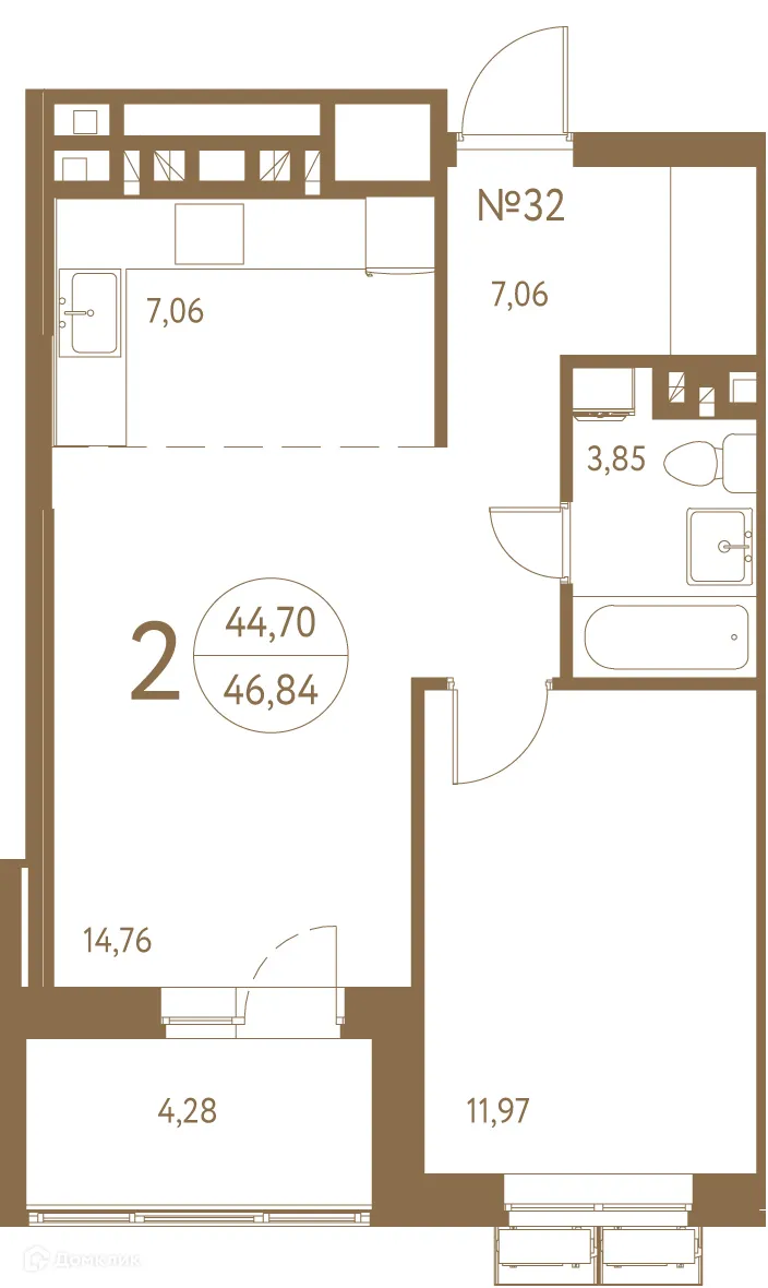 Планировка 2-комнатной квартиры 48 м² в ЖК Белая вилла, г. Ростов-на-Дону — фото 1