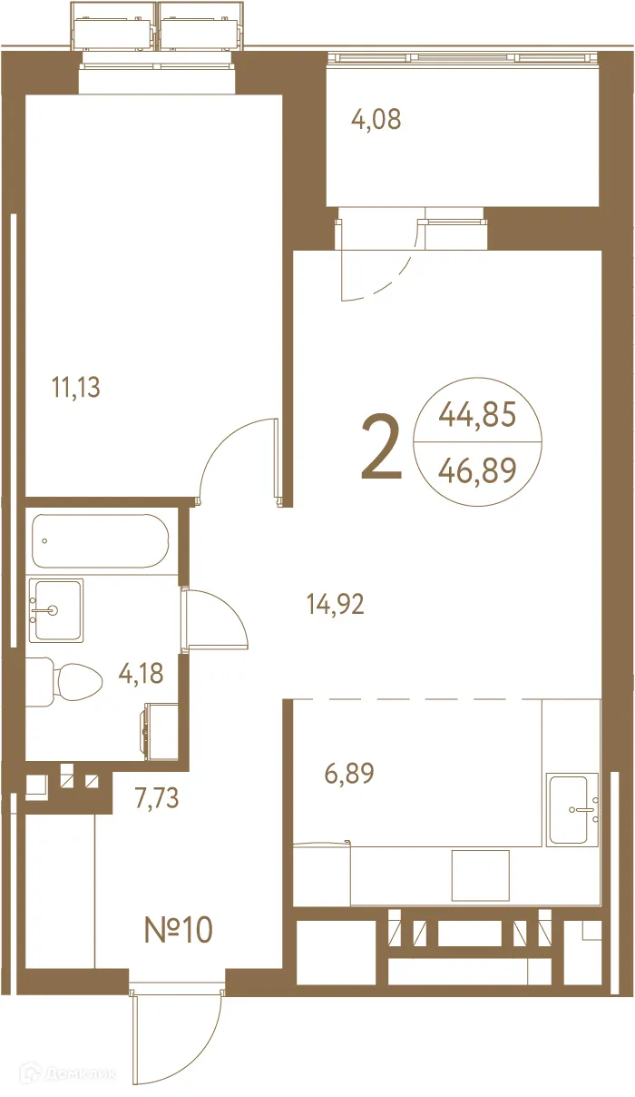 Планировка 2-комнатной квартиры 47.8 м² в ЖК Белая вилла, г. Ростов-на-Дону — фото 2