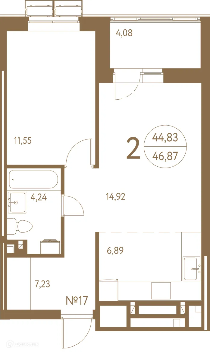 Планировка 2-комнатной квартиры 47.5 м² в ЖК Белая вилла, г. Ростов-на-Дону — фото 2
