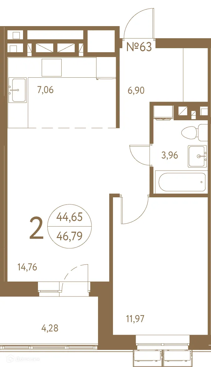 Планировка 2-комнатной квартиры 47.7 м² в ЖК Белая вилла, г. Ростов-на-Дону — фото 2