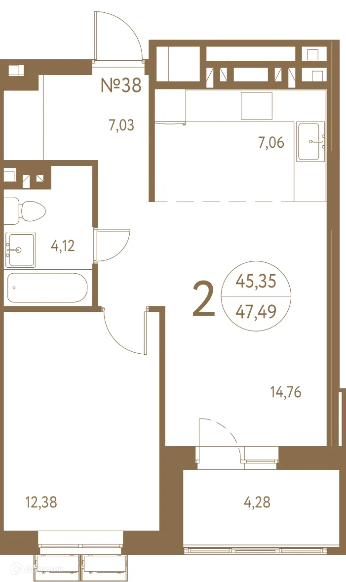 Планировка 2-комнатной квартиры 48.1 м² в ЖК Белая вилла, г. Ростов-на-Дону — фото 1