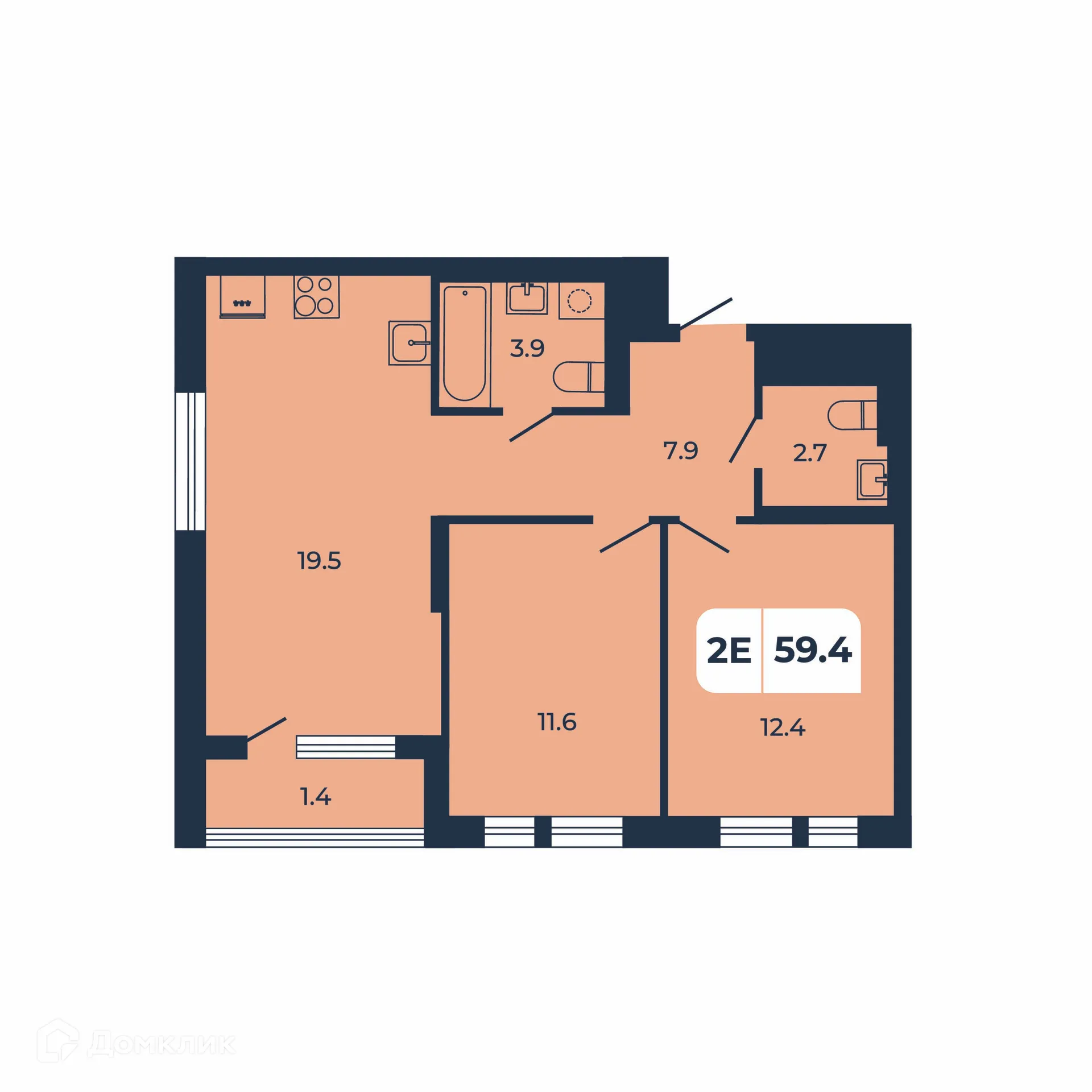 Планировка 2-комнатной квартиры 59.4 м² в ЖК НОРД, г. Ростов-на-Дону — фото 2