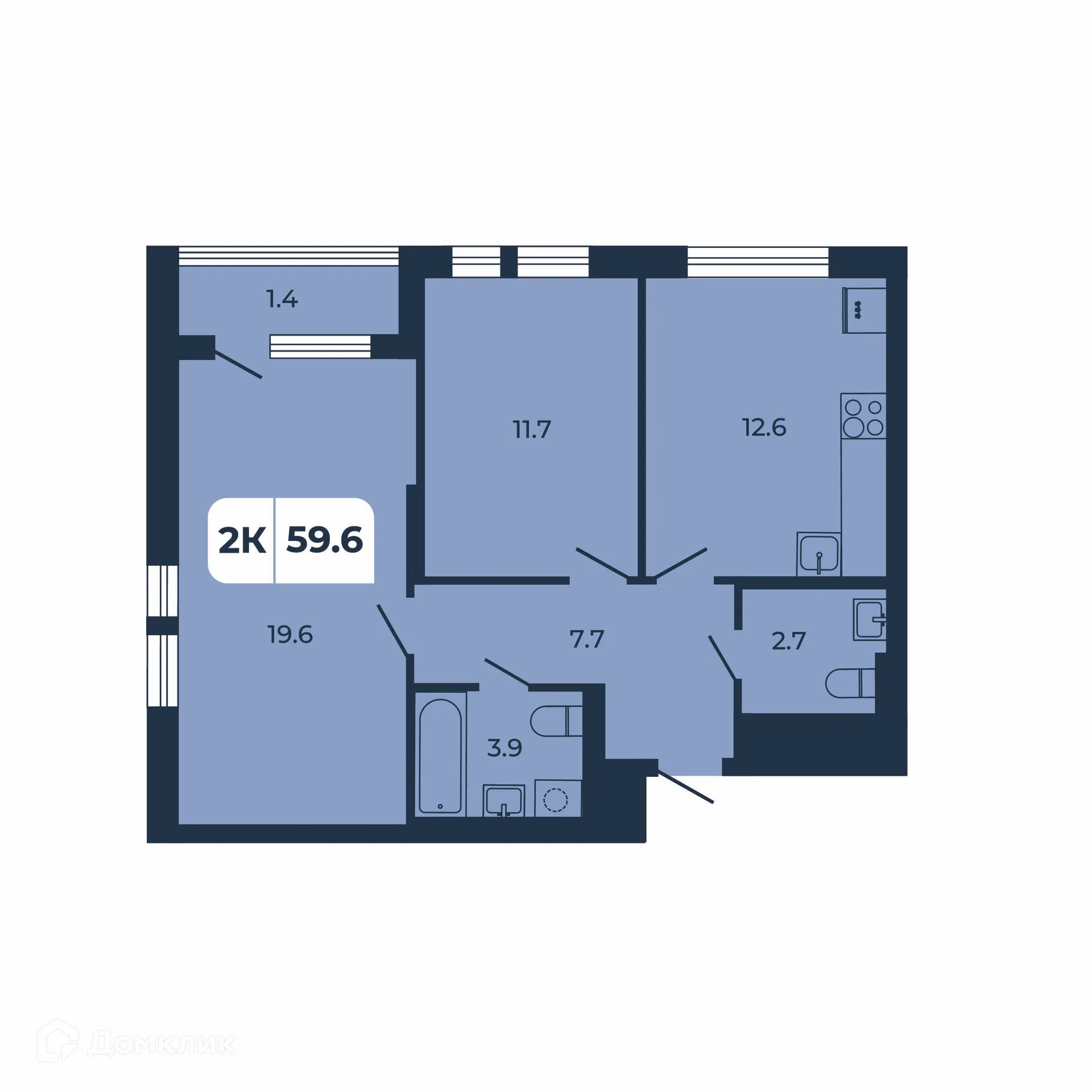 Планировка 2-комнатной квартиры 59.6 м² в ЖК НОРД, г. Ростов-на-Дону — фото 2