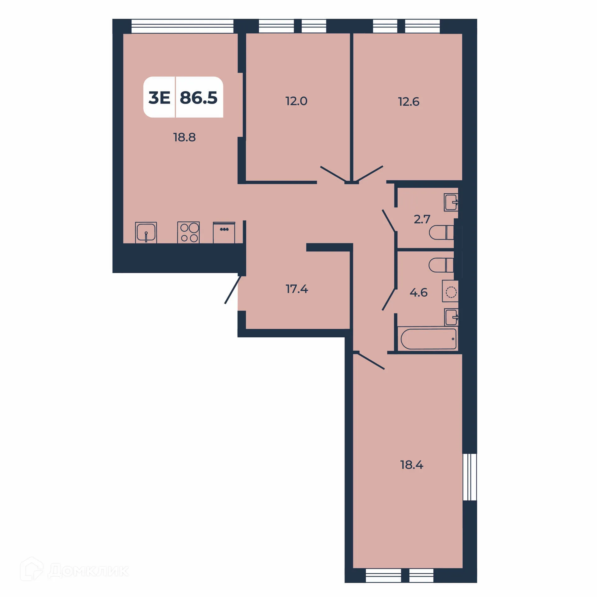 Планировка 3-комнатной квартиры 86.5 м² в ЖК НОРД, г. Ростов-на-Дону — фото 2
