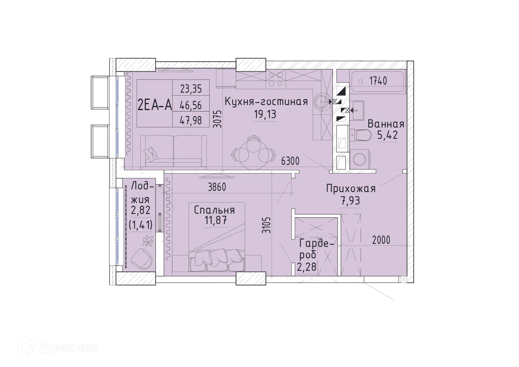 Планировка 1-комнатной квартиры 48.71 м² в ЖК Орион, г. Ростов-на-Дону — фото 2