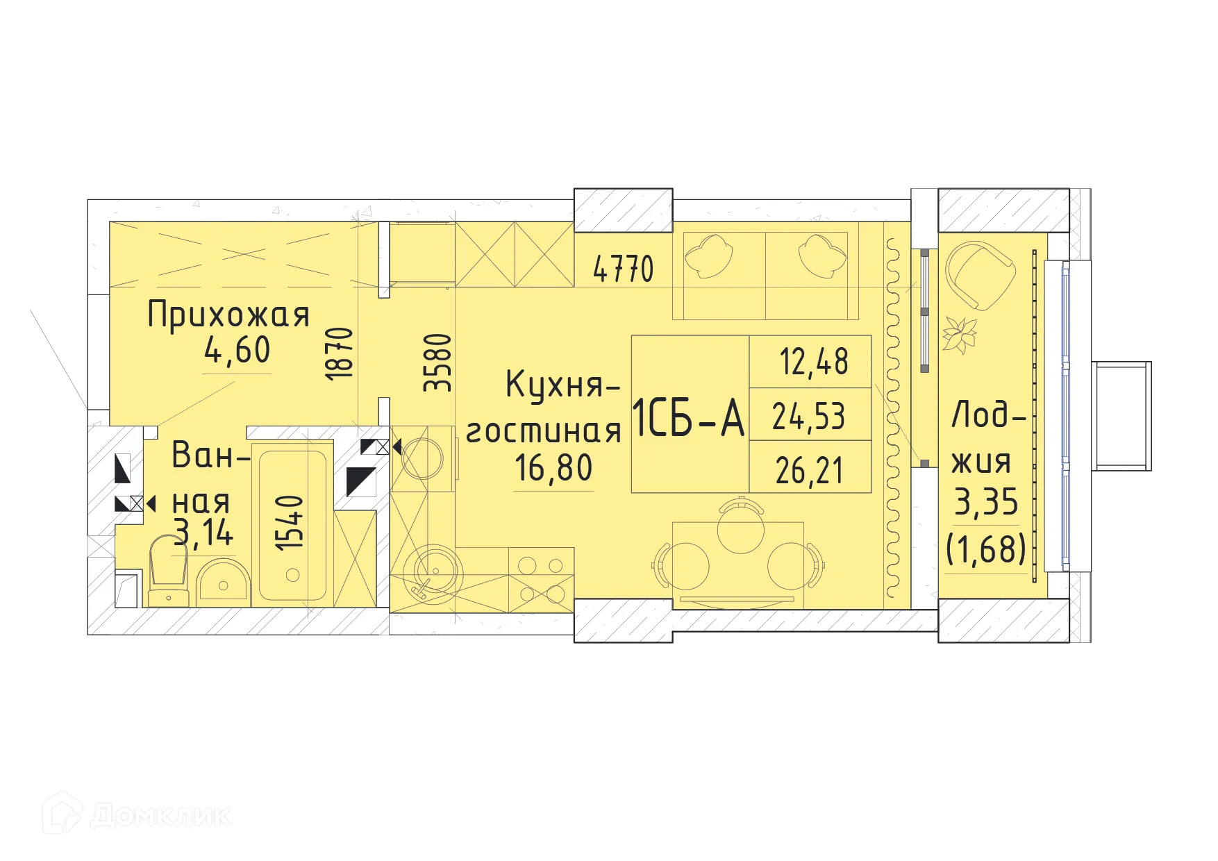 Планировка студии квартиры 26.49 м² в ЖК Орион, г. Ростов-на-Дону — фото 2