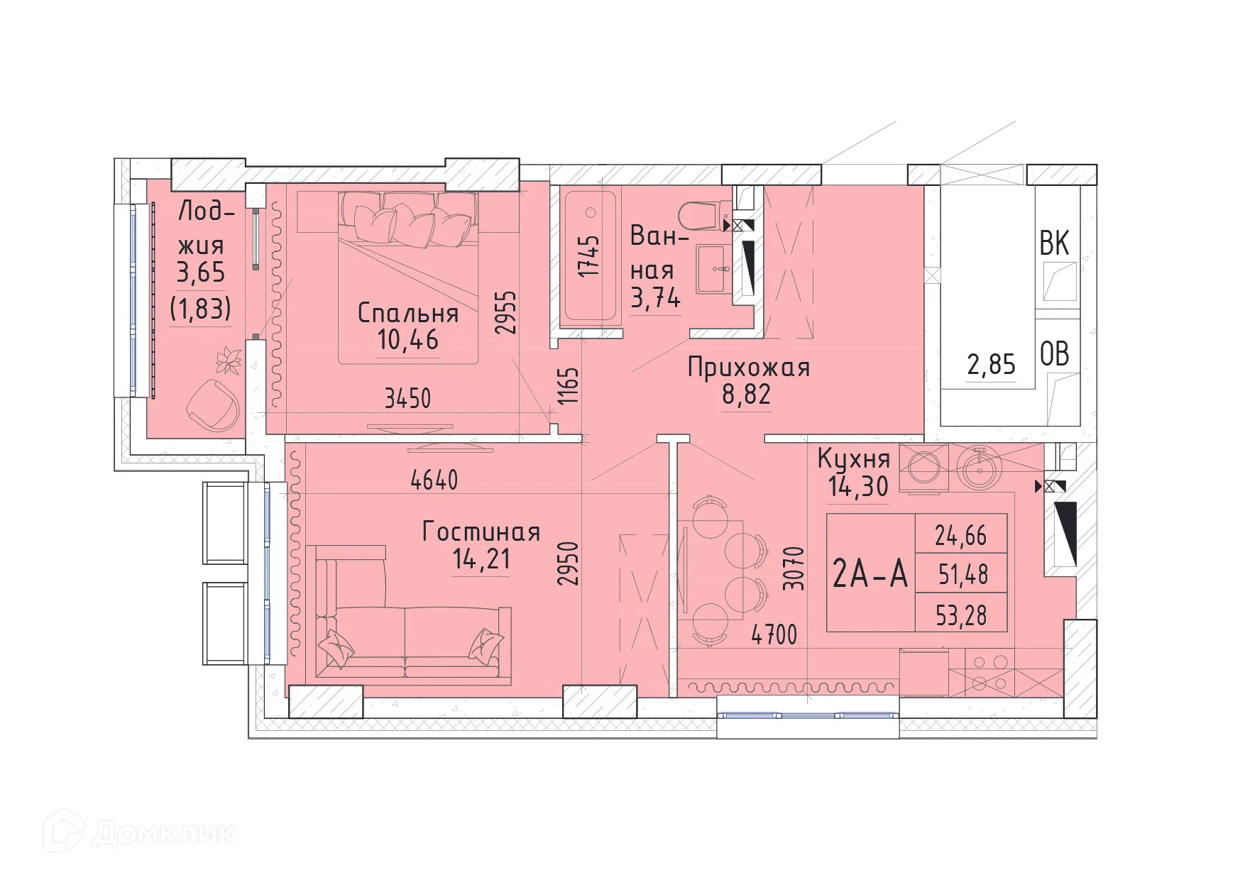 Планировка 2-комнатной квартиры 53.28 м² в ЖК Орион, г. Ростов-на-Дону — фото 1