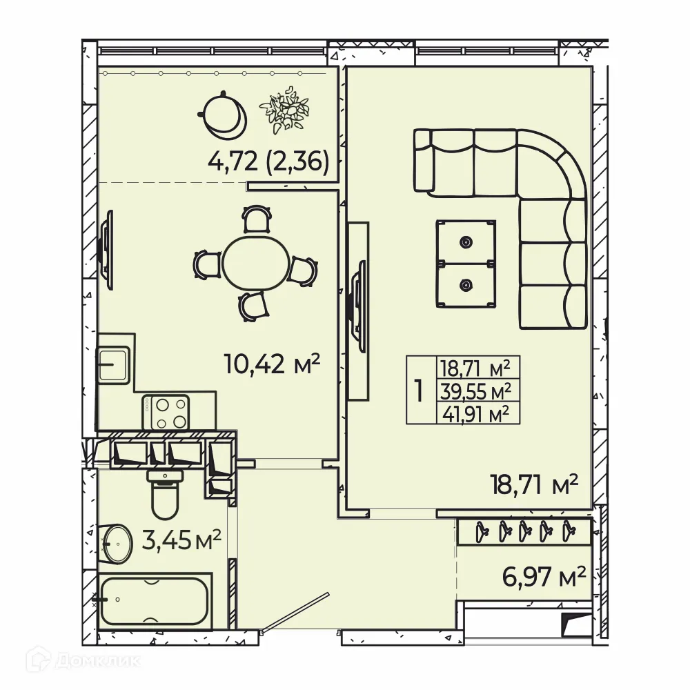 Планировка 1-комнатной квартиры 42.4 м² в ЖК на Школьной, г. Ростов-на-Дону — фото 2