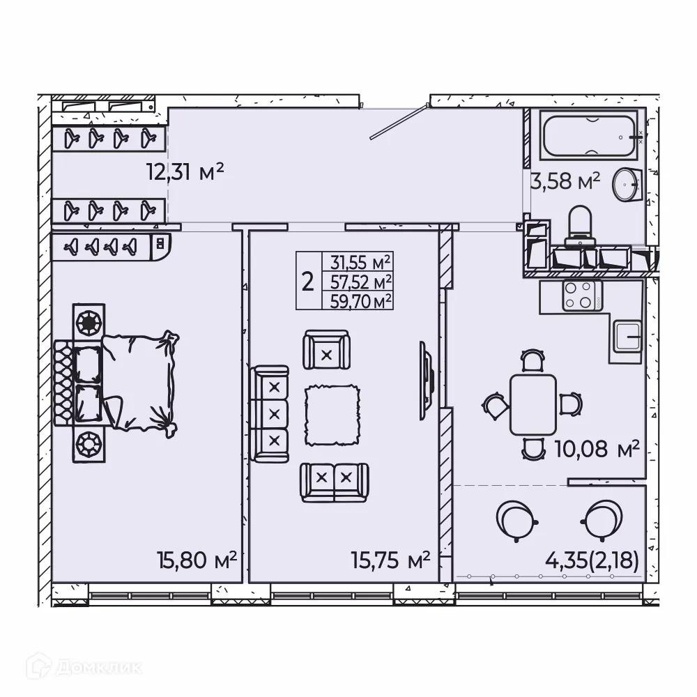 Планировка 2-комнатной квартиры 59.7 м² в ЖК на Школьной, г. Ростов-на-Дону — фото 2