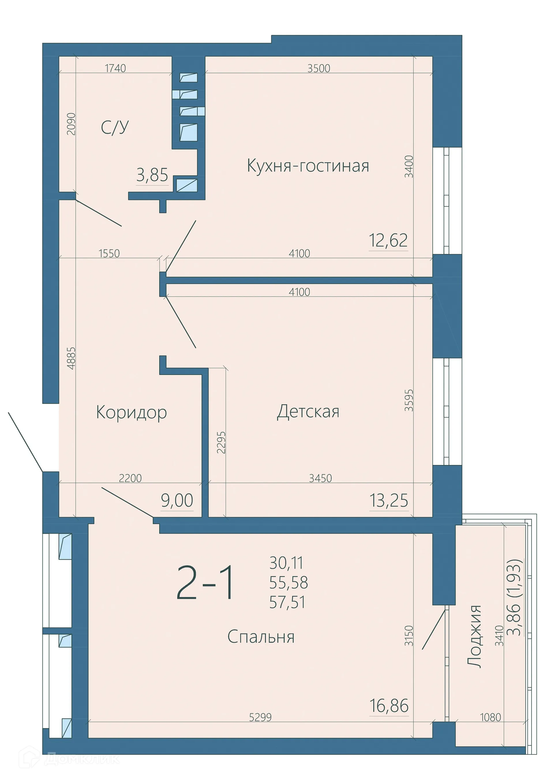 Планировка 2-комнатной квартиры 57.3 м² в ЖК Наследие, г. Ростов-на-Дону — фото 2