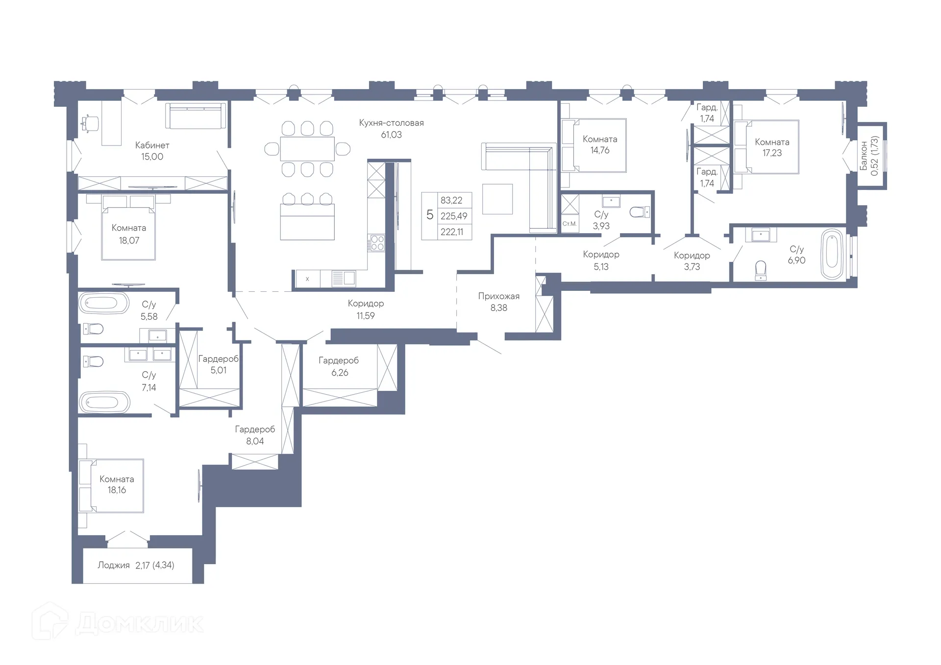 Планировка 5-комнатной квартиры 222.11 м² в ЖК ДОМ-РЕЗИДЕНЦИЯ СОБРАНИЕ, г. Ростов-на-Дону — фото 2
