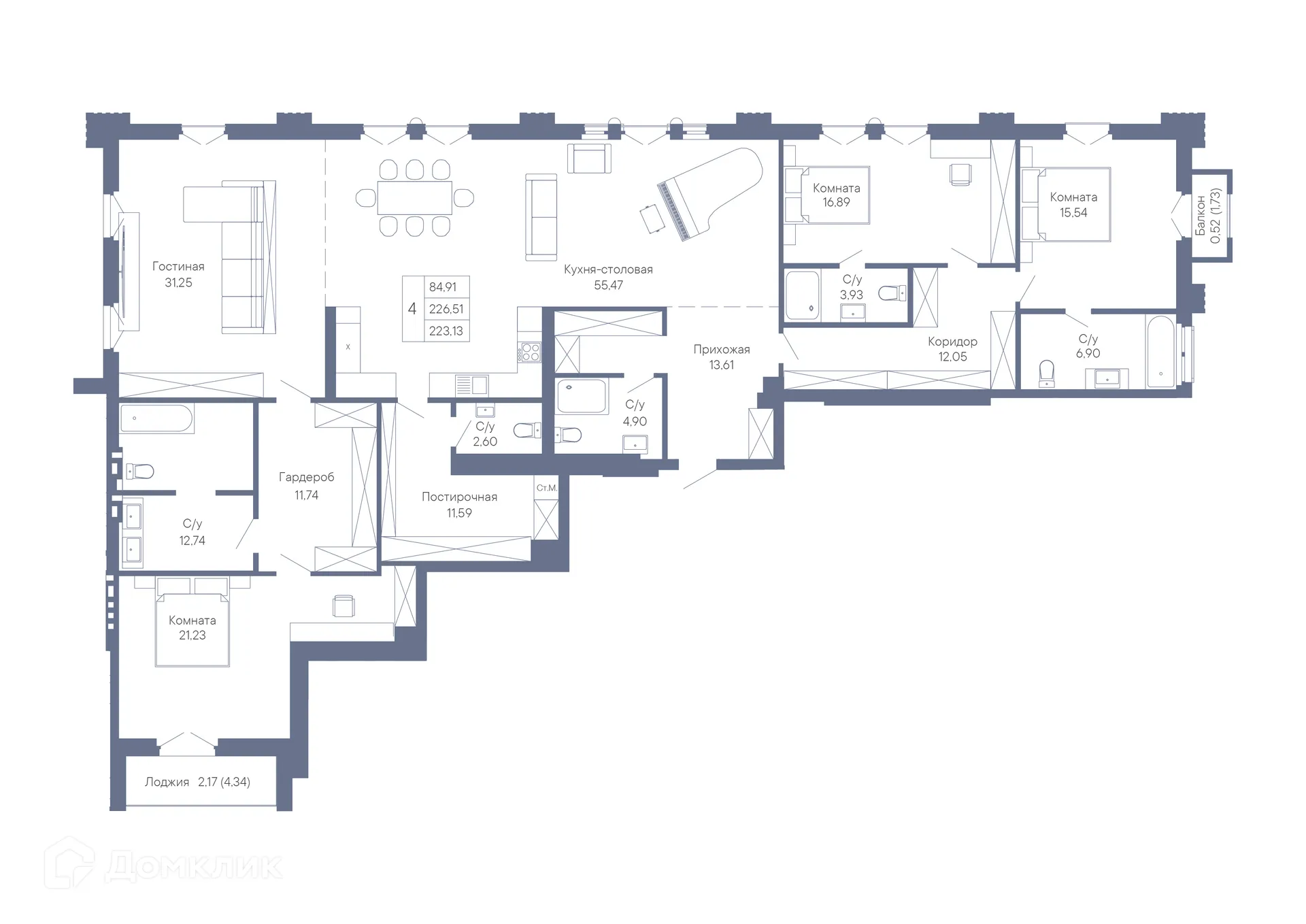 Планировка 4-комнатной квартиры 223.13 м² в ЖК ДОМ-РЕЗИДЕНЦИЯ СОБРАНИЕ, г. Ростов-на-Дону — фото 2