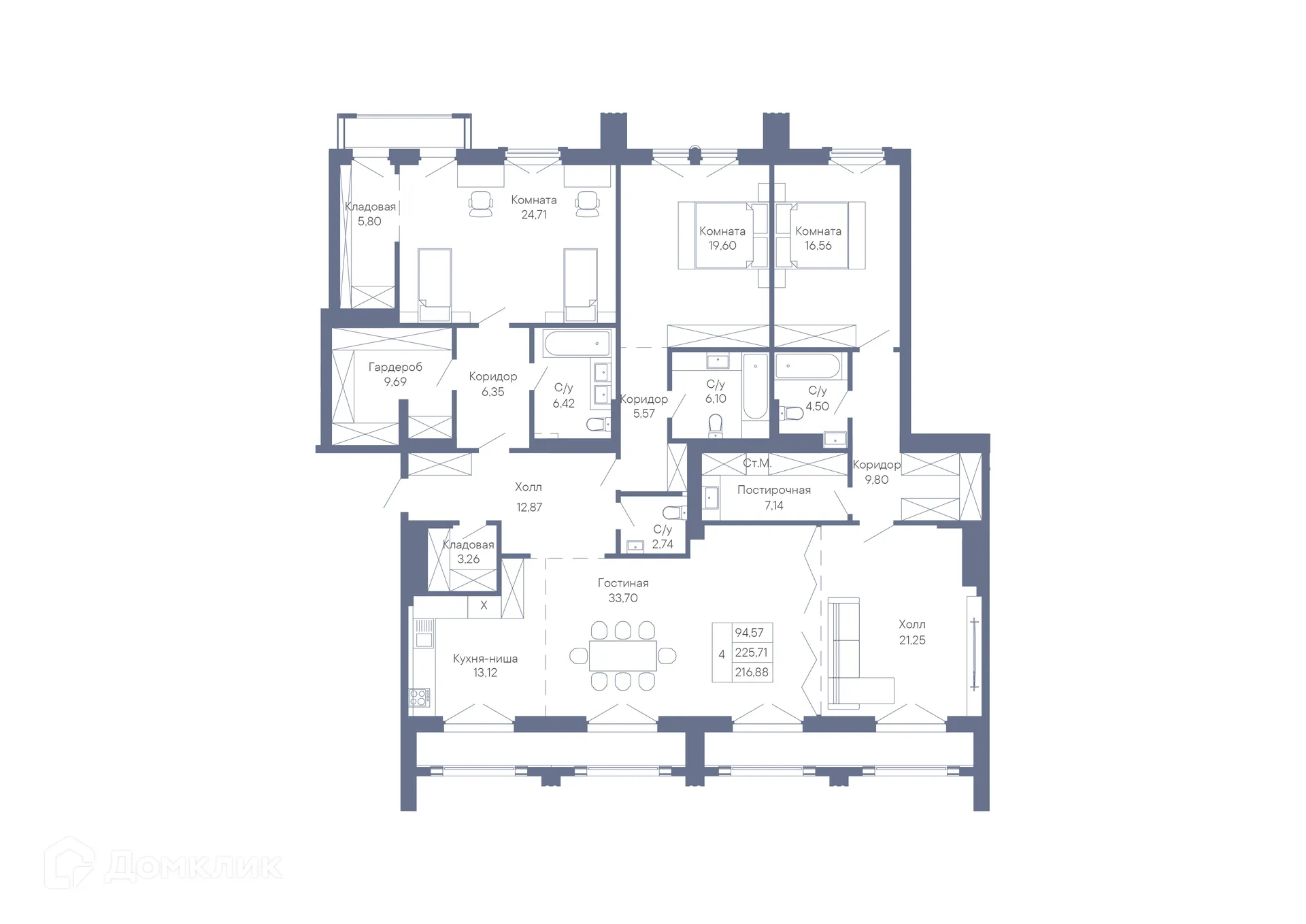 Планировка 4-комнатной квартиры 216.88 м² в ЖК ДОМ-РЕЗИДЕНЦИЯ СОБРАНИЕ, г. Ростов-на-Дону — фото 2