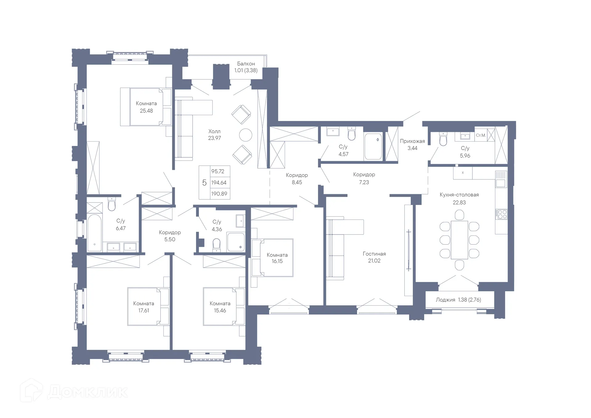 Планировка 5-комнатной квартиры 190.89 м² в ЖК ДОМ-РЕЗИДЕНЦИЯ СОБРАНИЕ, г. Ростов-на-Дону — фото 2