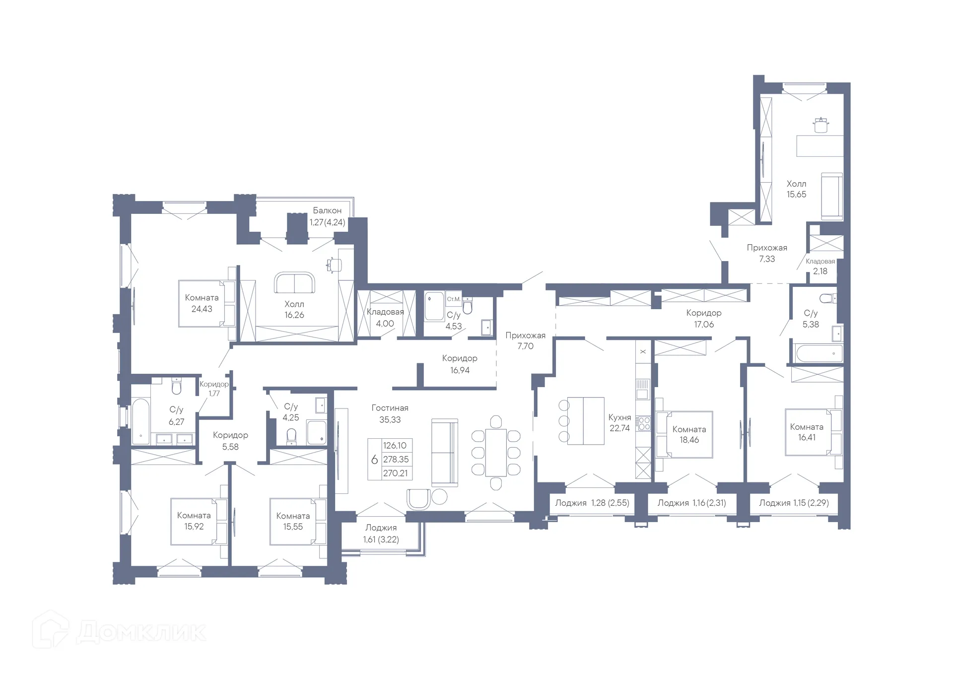 Планировка 6-комнатной квартиры 270.21 м² в ЖК ДОМ-РЕЗИДЕНЦИЯ СОБРАНИЕ, г. Ростов-на-Дону — фото 2
