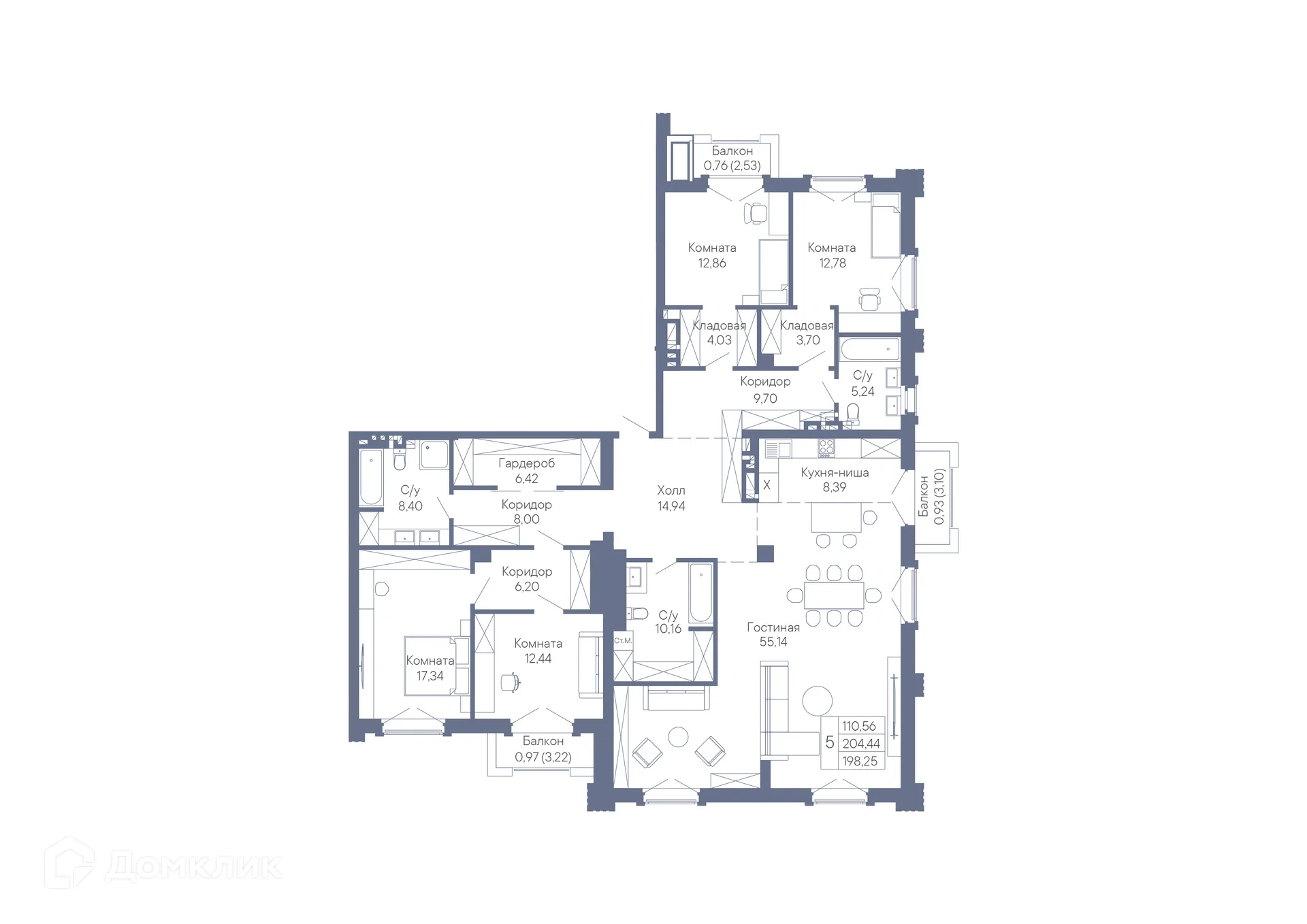 Планировка 5-комнатной квартиры 198.25 м² в ЖК ДОМ-РЕЗИДЕНЦИЯ СОБРАНИЕ, г. Ростов-на-Дону — фото 2