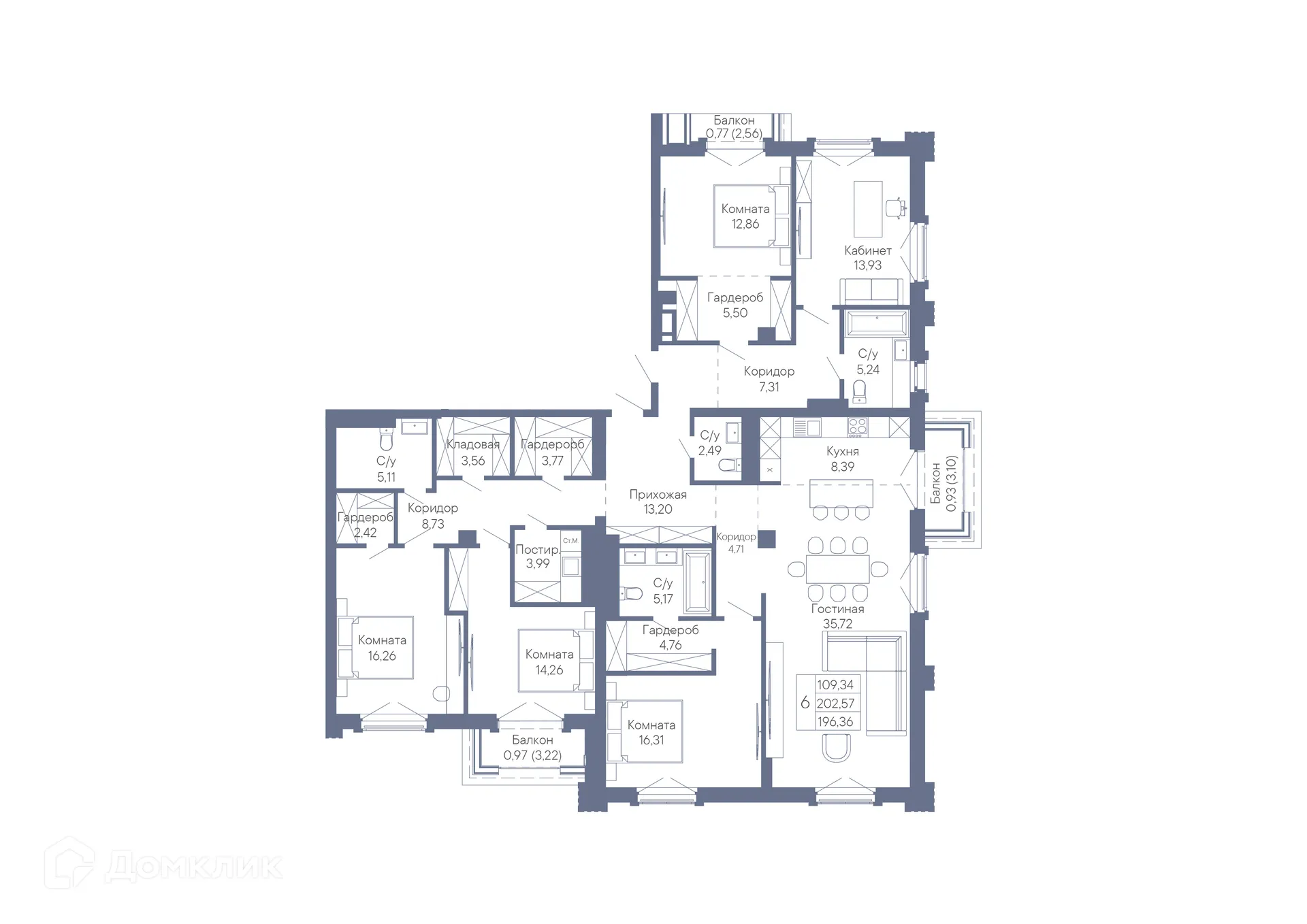 Планировка 6-комнатной квартиры 196.36 м² в ЖК ДОМ-РЕЗИДЕНЦИЯ СОБРАНИЕ, г. Ростов-на-Дону — фото 2