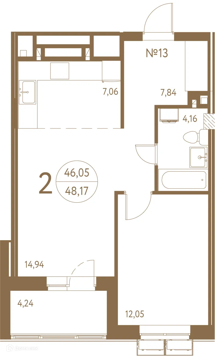 Планировка 2-комнатной квартиры 48.5 м² в ЖК Белая вилла, г. Ростов-на-Дону — фото 2