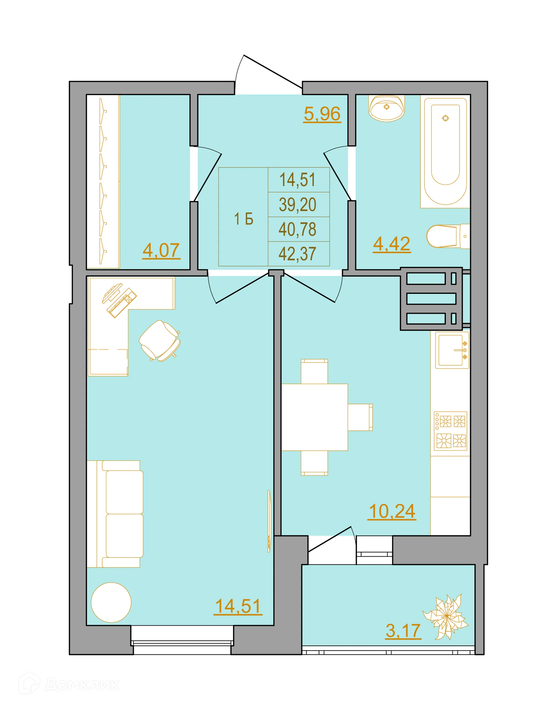 Планировка 1-комнатной квартиры 43.1 м² в ЖК Новый Горизонт, г. Ростов-на-Дону — фото 3