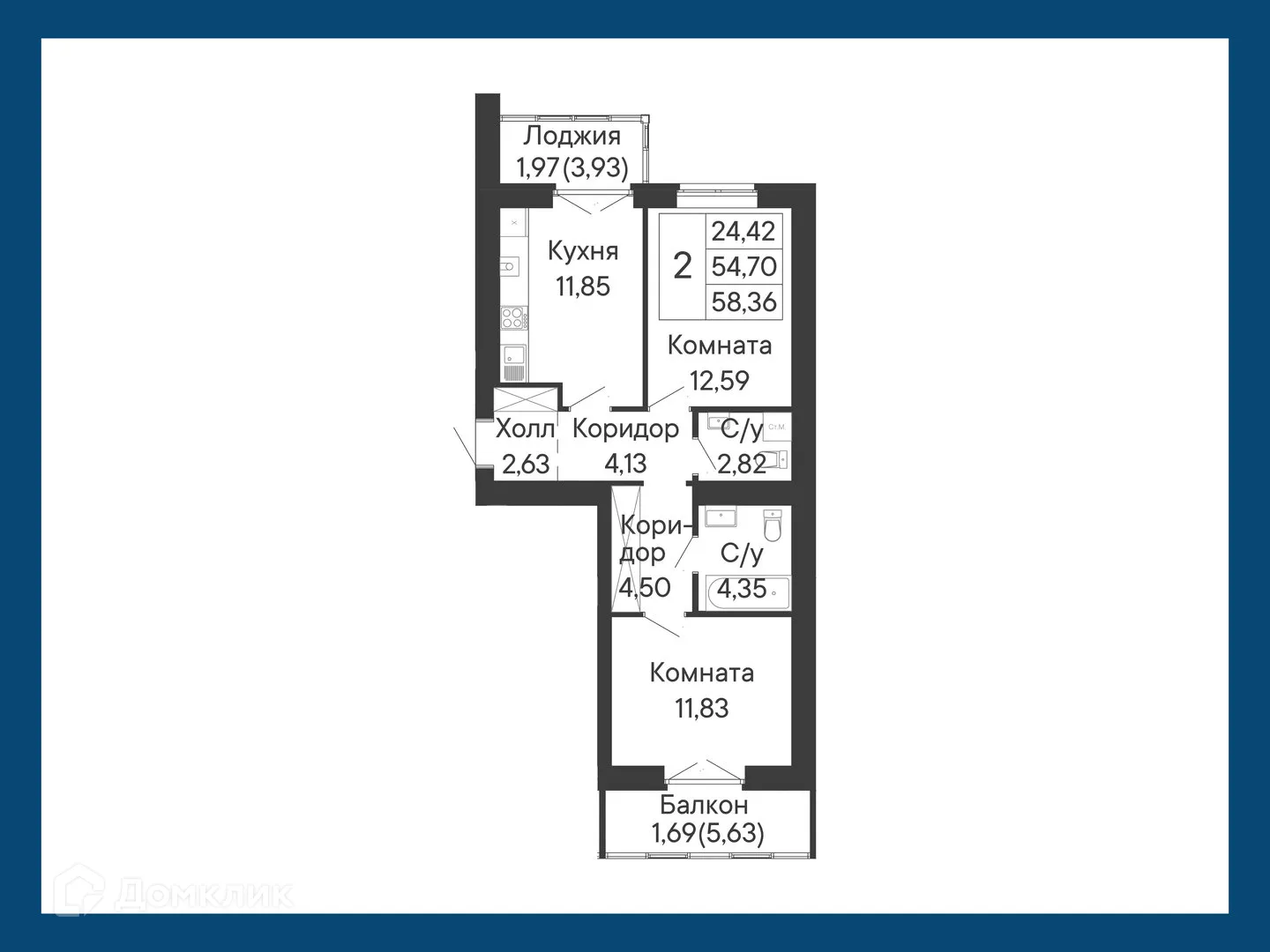 Планировка 2-комнатной квартиры 58.36 м² в ЖК Курортный квартал Ривьера, г. Ростов-на-Дону — фото 1