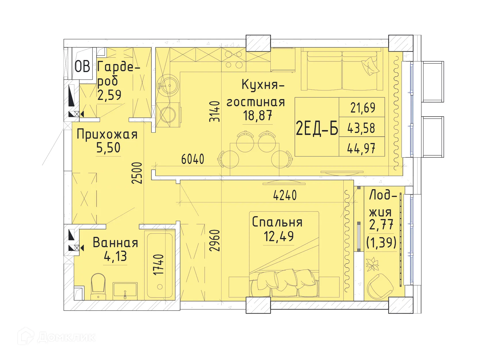 Планировка 1-комнатной квартиры 44.73 м² в ЖК Орион, г. Ростов-на-Дону — фото 2