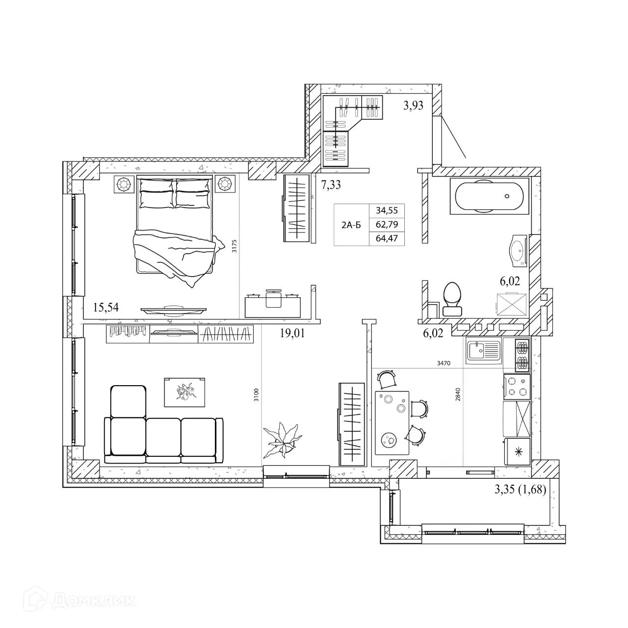 Планировка 2-комнатной квартиры 64.47 м² в ЖК Орион, г. Ростов-на-Дону — фото 2