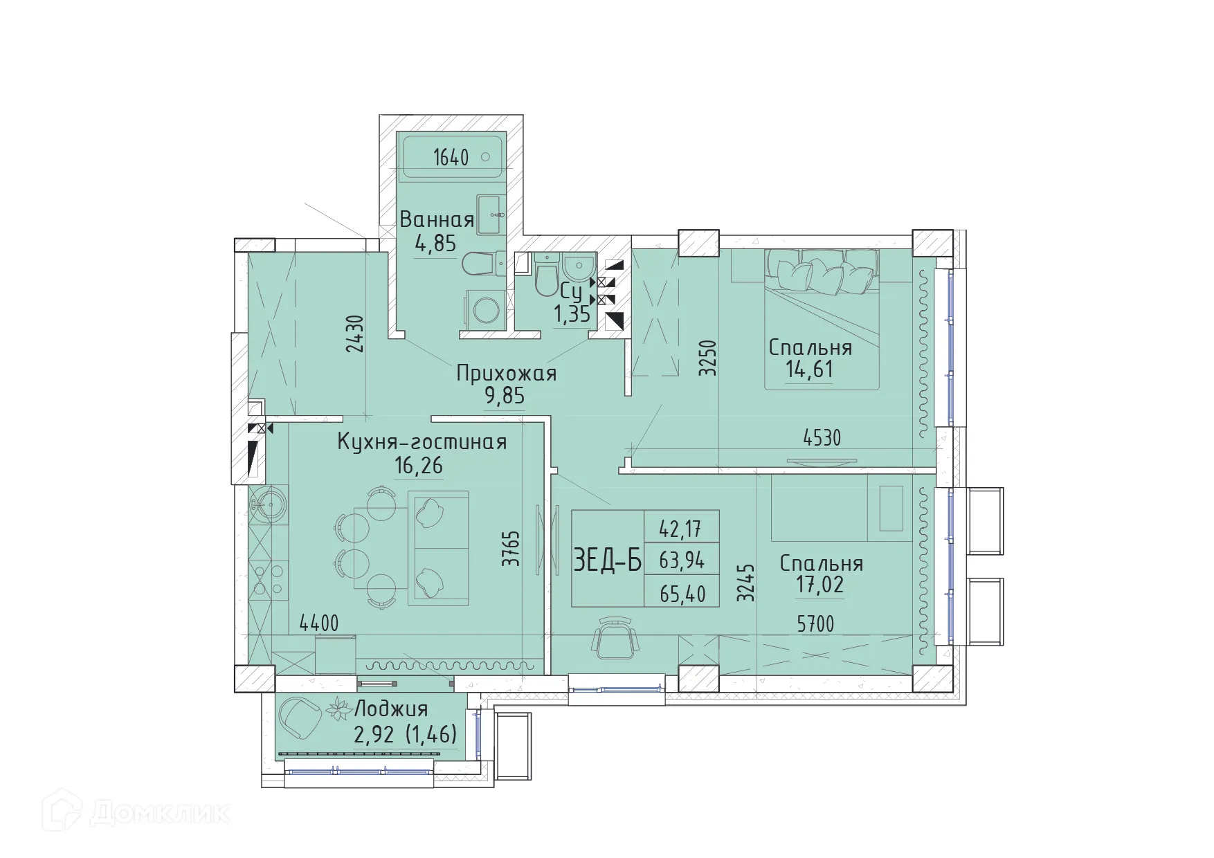 Планировка 2-комнатной квартиры 65.27 м² в ЖК Орион, г. Ростов-на-Дону — фото 2