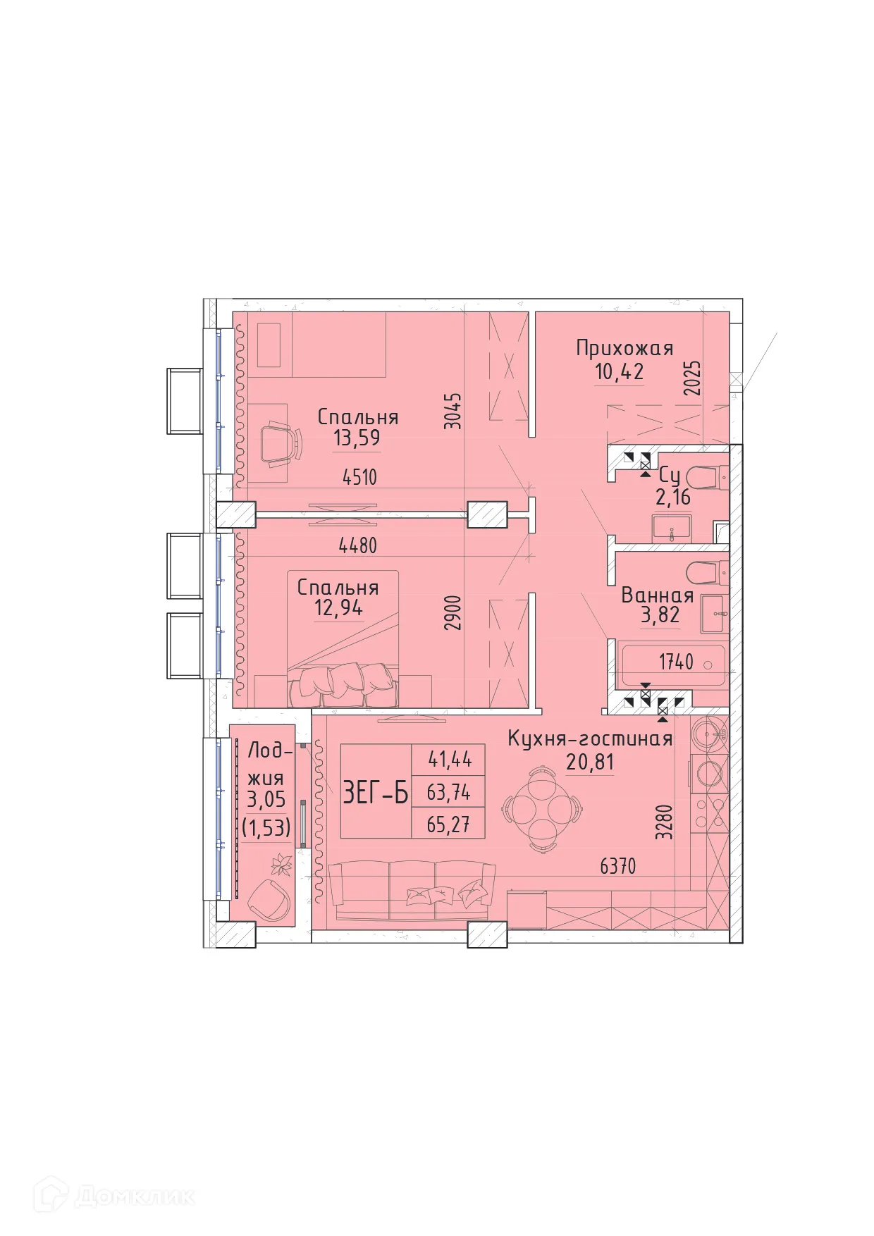 Планировка 2-комнатной квартиры 65 м² в ЖК Орион, г. Ростов-на-Дону — фото 2