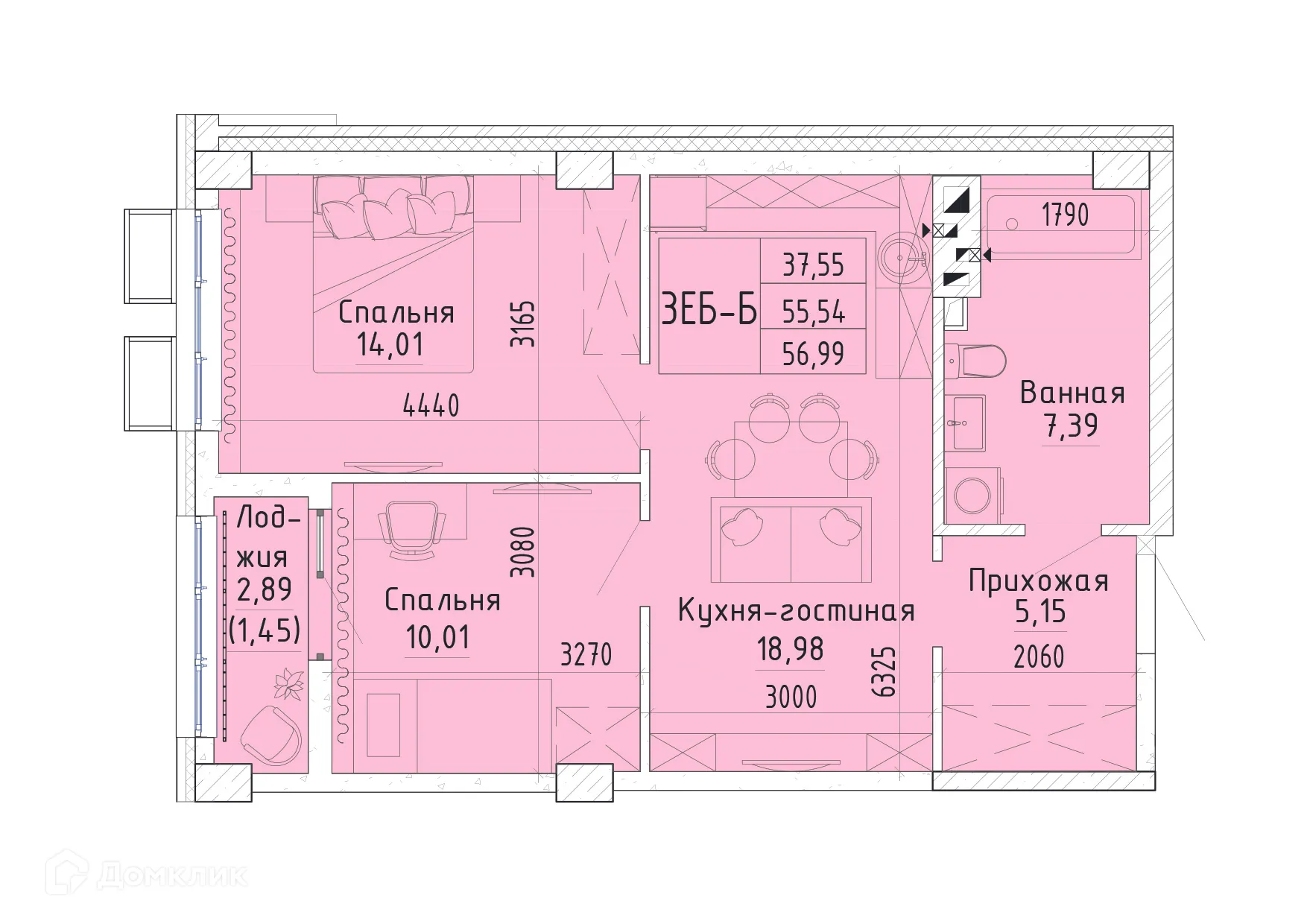 Планировка 2-комнатной квартиры 56.84 м² в ЖК Орион, г. Ростов-на-Дону — фото 2