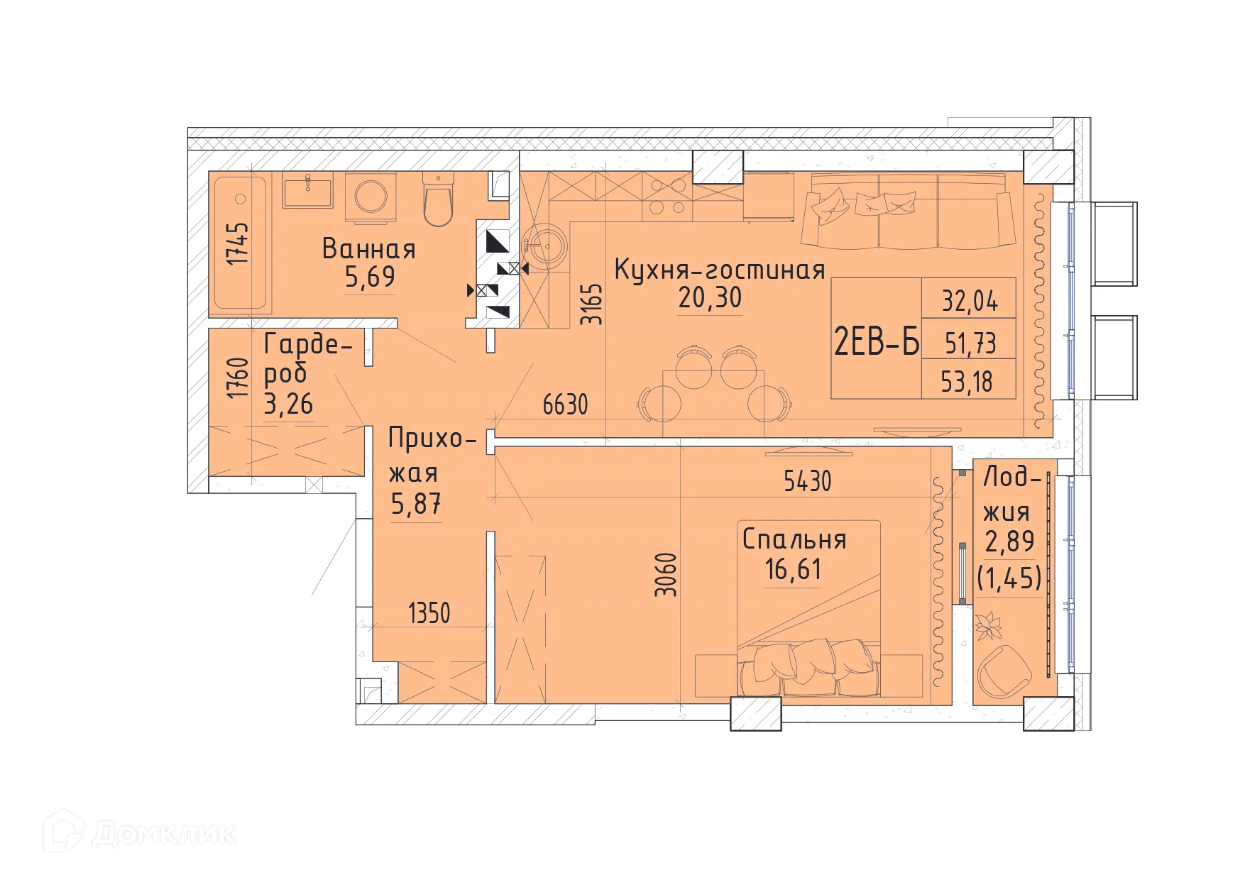 Планировка 1-комнатной квартиры 52.77 м² в ЖК Орион, г. Ростов-на-Дону — фото 2