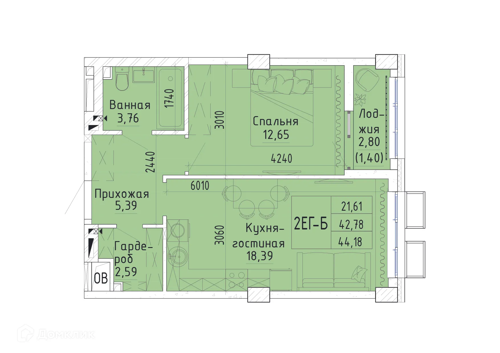 Планировка 1-комнатной квартиры 44.27 м² в ЖК Орион, г. Ростов-на-Дону — фото 2
