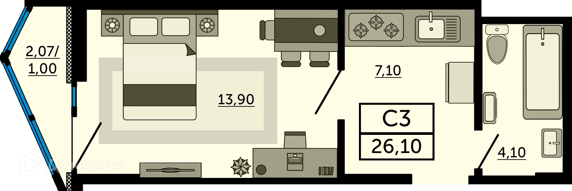 Планировка студии квартиры 26.1 м² в ЖК"Акватория", г. Ростов-на-Дону — фото 2