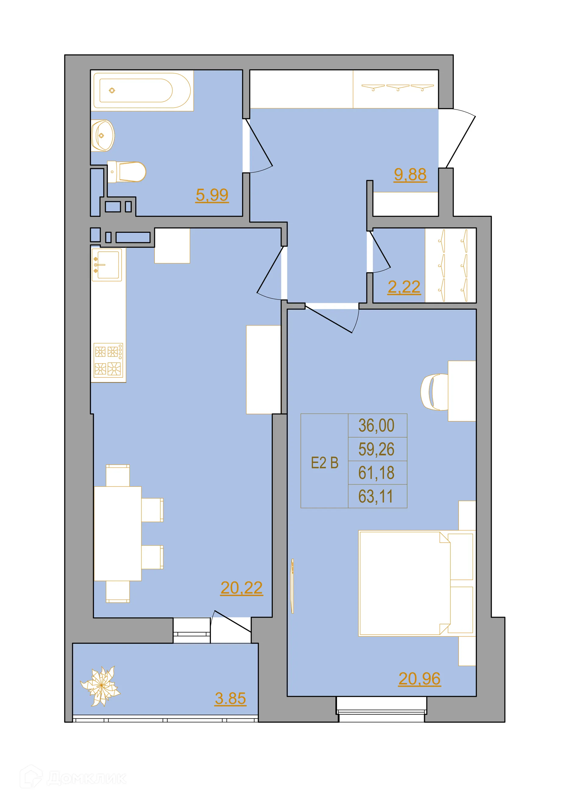 Планировка 2-комнатной квартиры 63.8 м² в ЖК Новый Горизонт, г. Ростов-на-Дону — фото 3