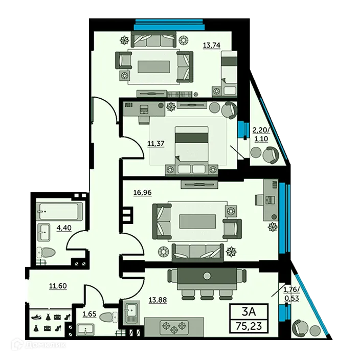 Планировка 3-комнатной квартиры 75.5 м² в ЖК Рубин, г. Ростов-на-Дону — фото 2