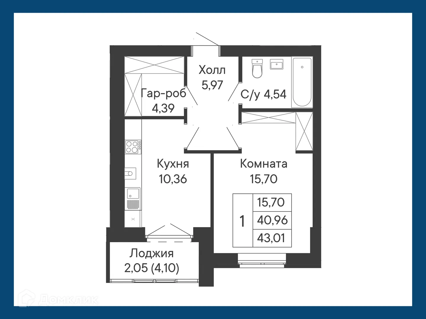 Планировка 1-комнатной квартиры 43.01 м² в ЖК Курортный квартал Ривьера, г. Ростов-на-Дону — фото 2