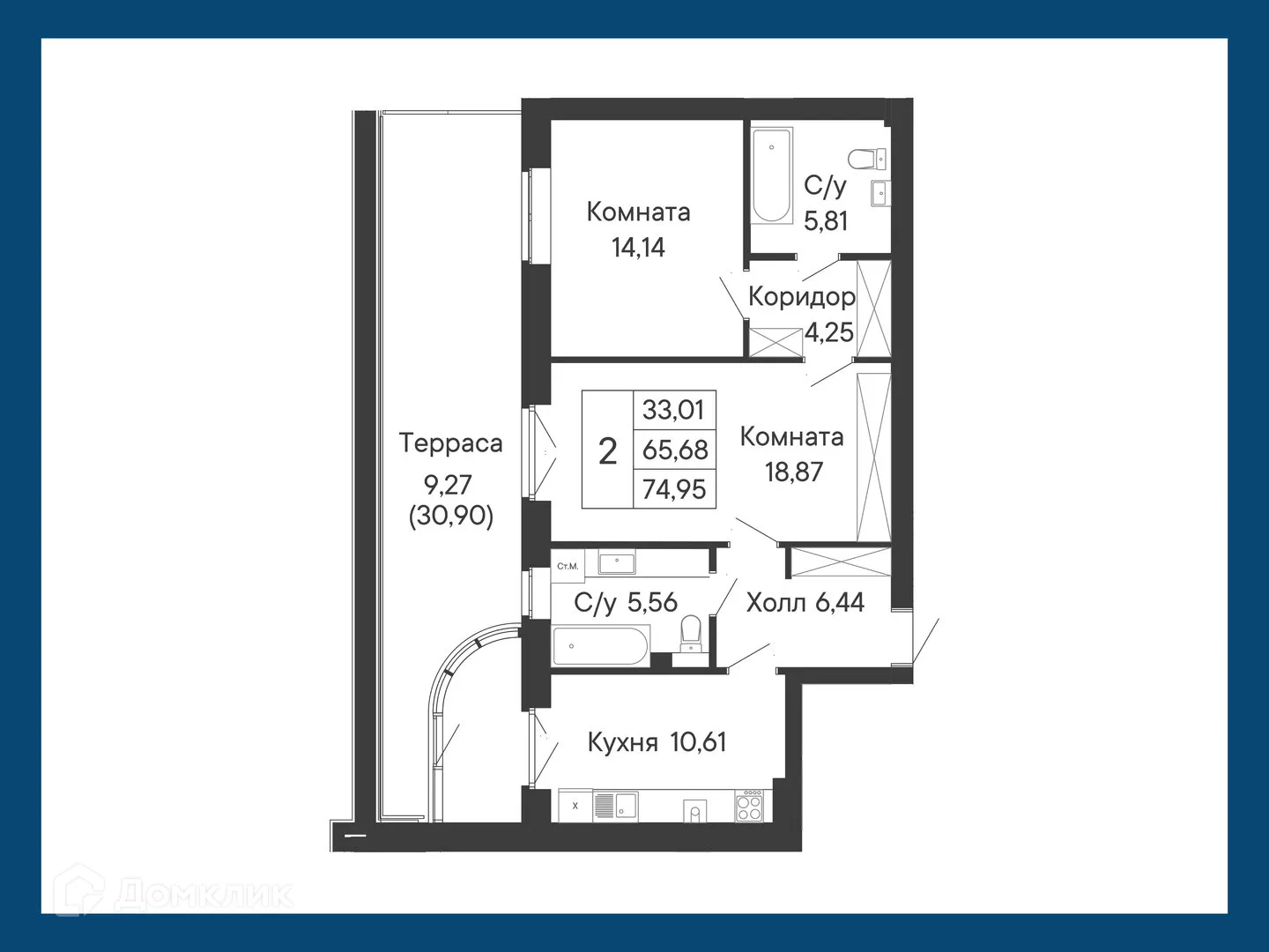 Планировка 2-комнатной квартиры 74.95 м² в ЖК Курортный квартал Ривьера, г. Ростов-на-Дону — фото 2