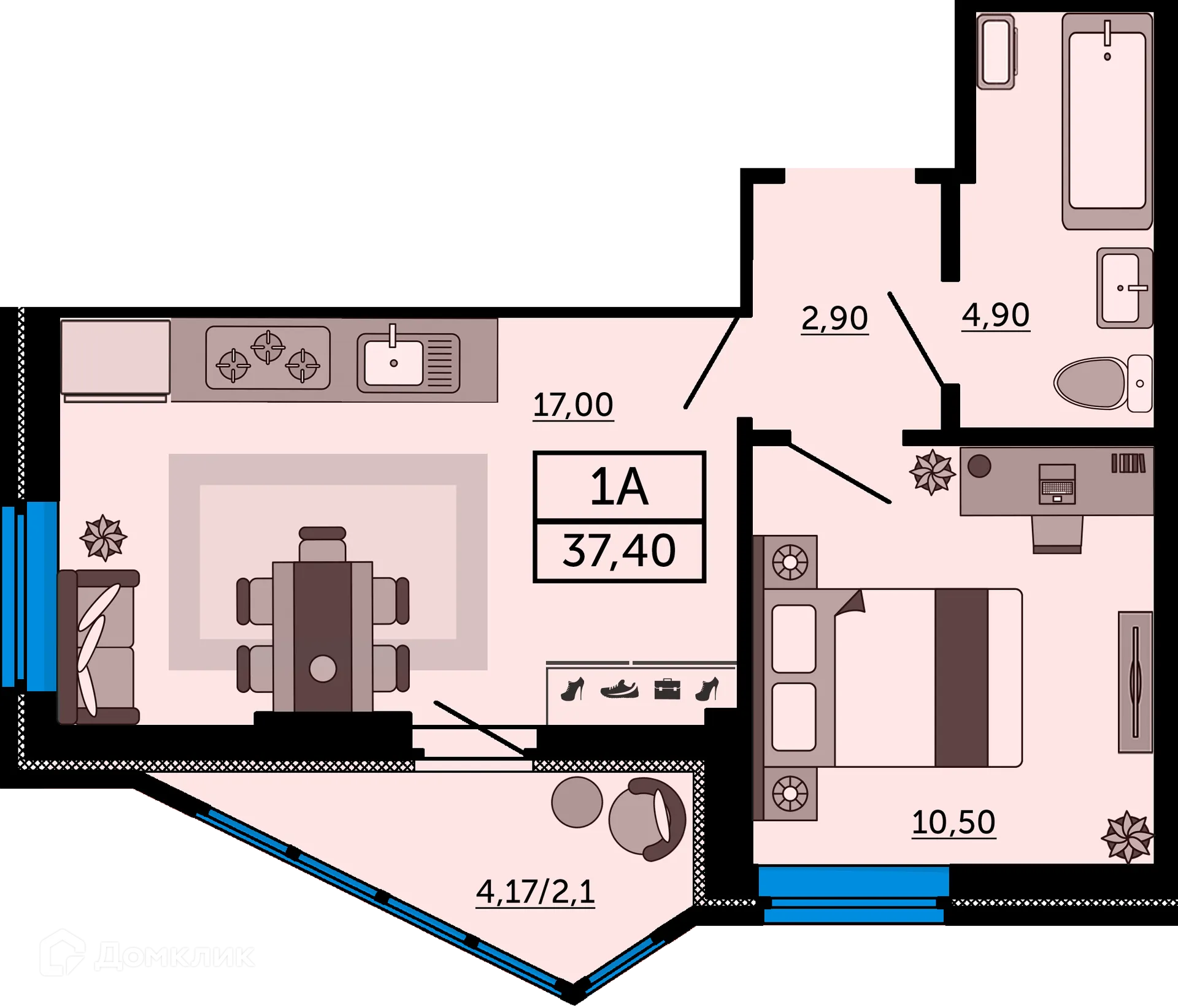 Планировка 1-комнатной квартиры 37.3 м² в ЖК"Акватория", г. Ростов-на-Дону — фото 2
