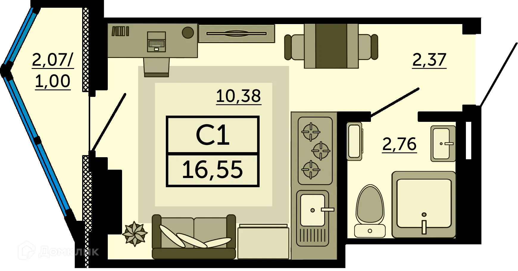Планировка студии квартиры 16.7 м² в ЖК"Акватория", г. Ростов-на-Дону — фото 2