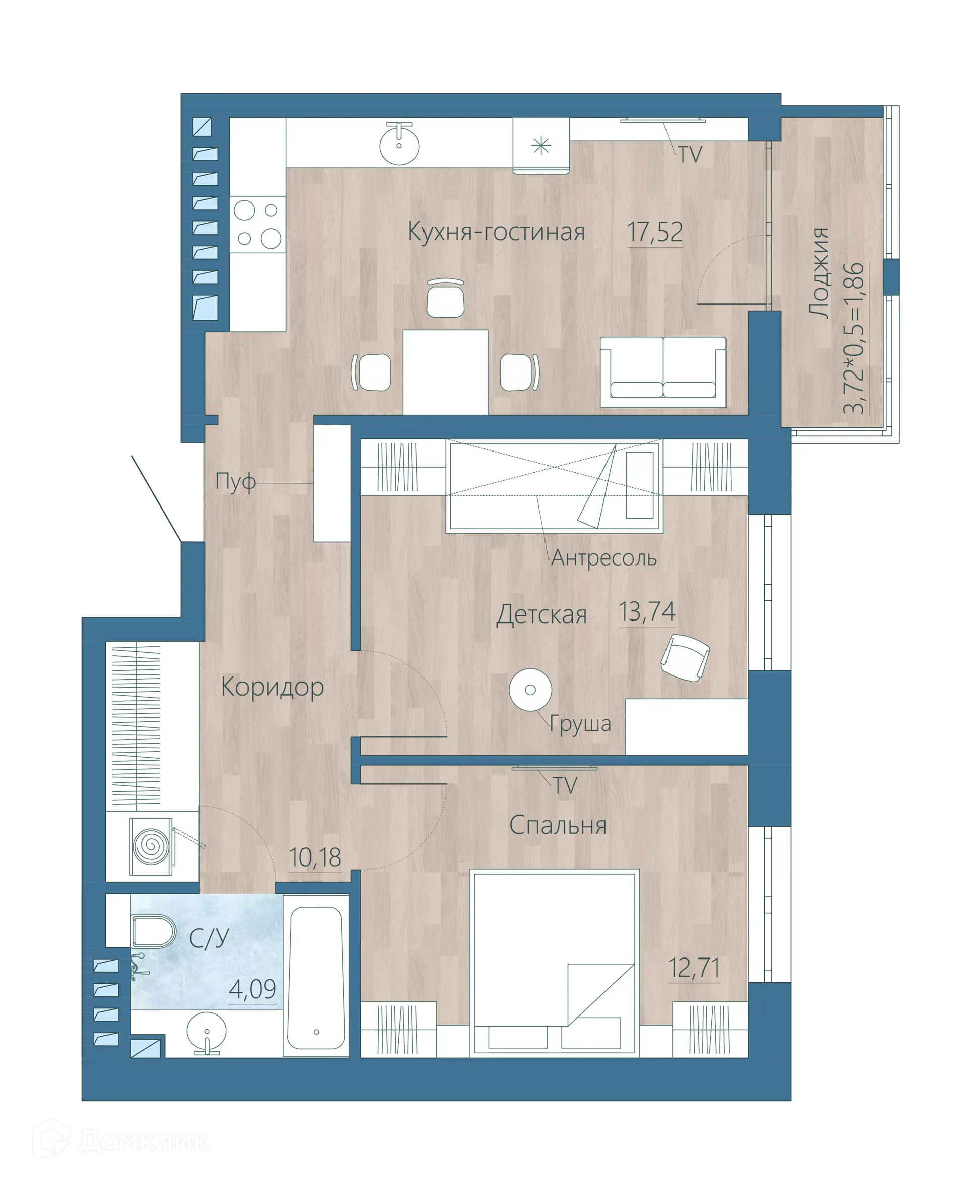 Планировка 2-комнатной квартиры 59.97 м² в ЖК Наследие, г. Ростов-на-Дону — фото 2