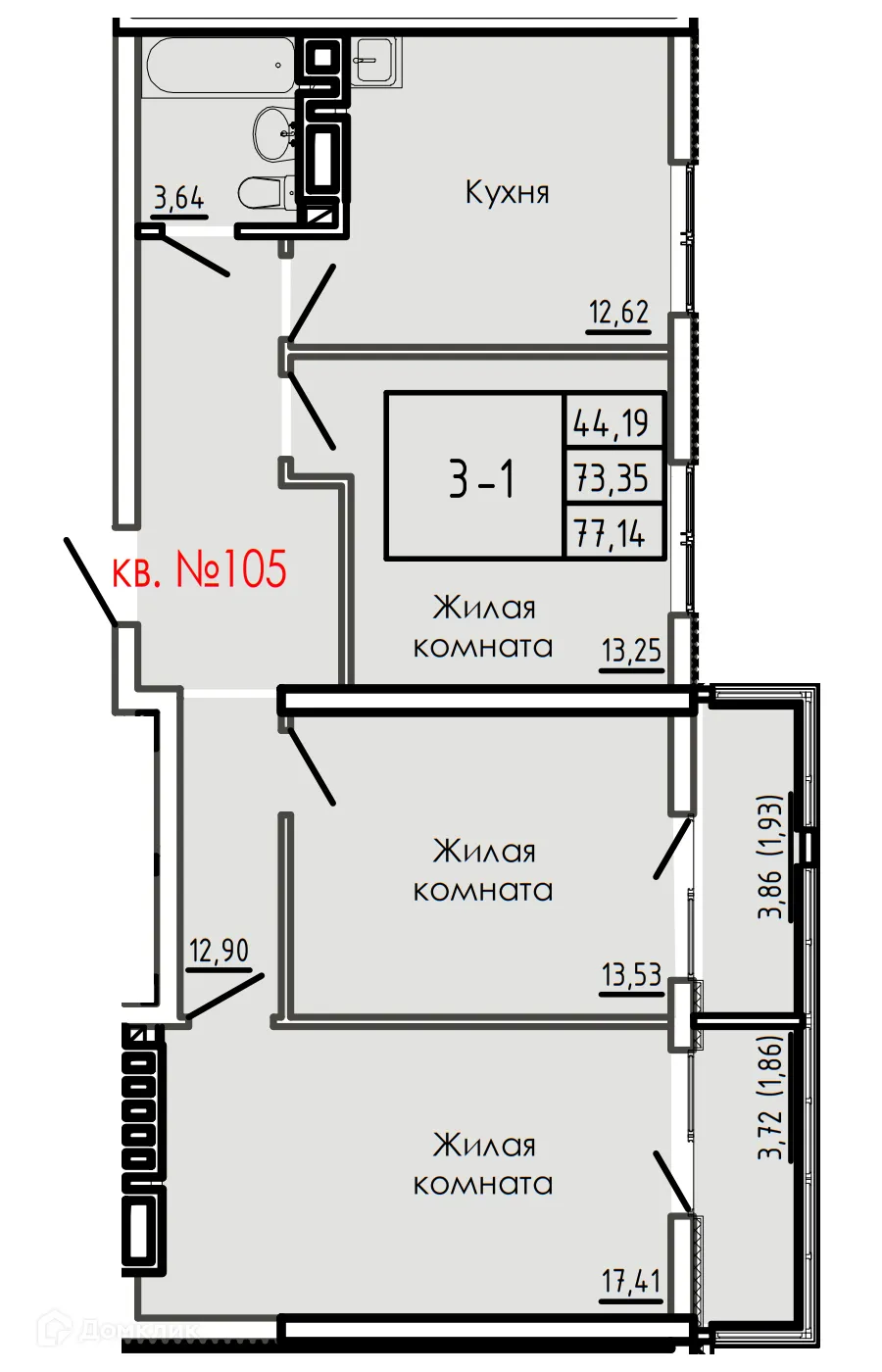 Планировка 3-комнатной квартиры 77.14 м² в ЖК Наследие, г. Ростов-на-Дону — фото 2
