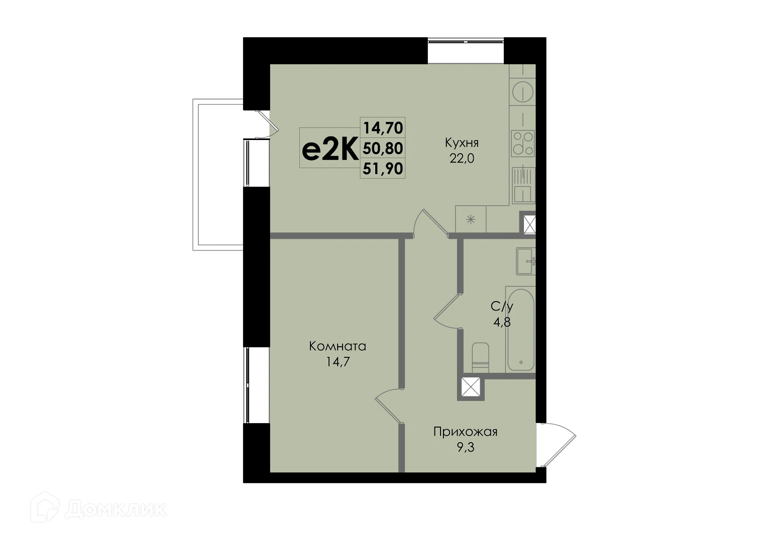 Планировка 2-комнатной квартиры 51.9 м² в ЖК Botanika (Ботаника), г. Ростов-на-Дону — фото 16